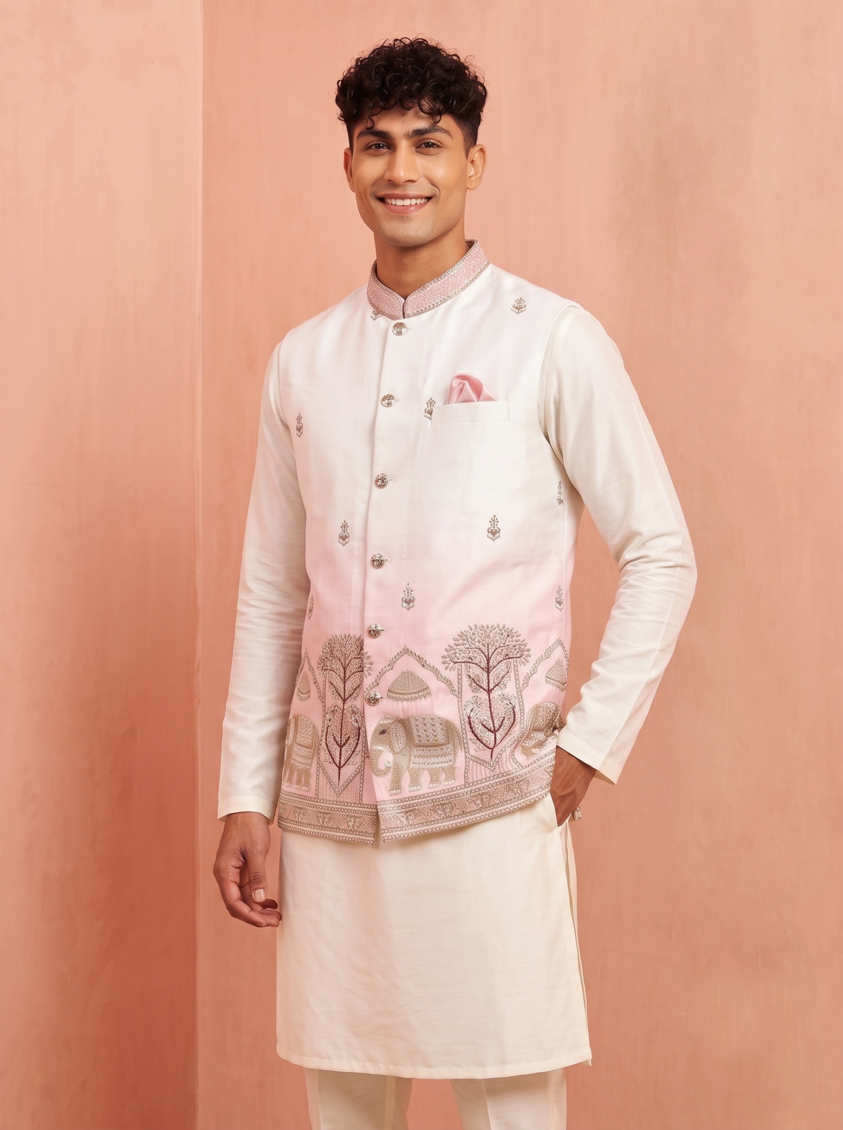 Multi Pink Embroidery Doniar Satin Jacket Kurta