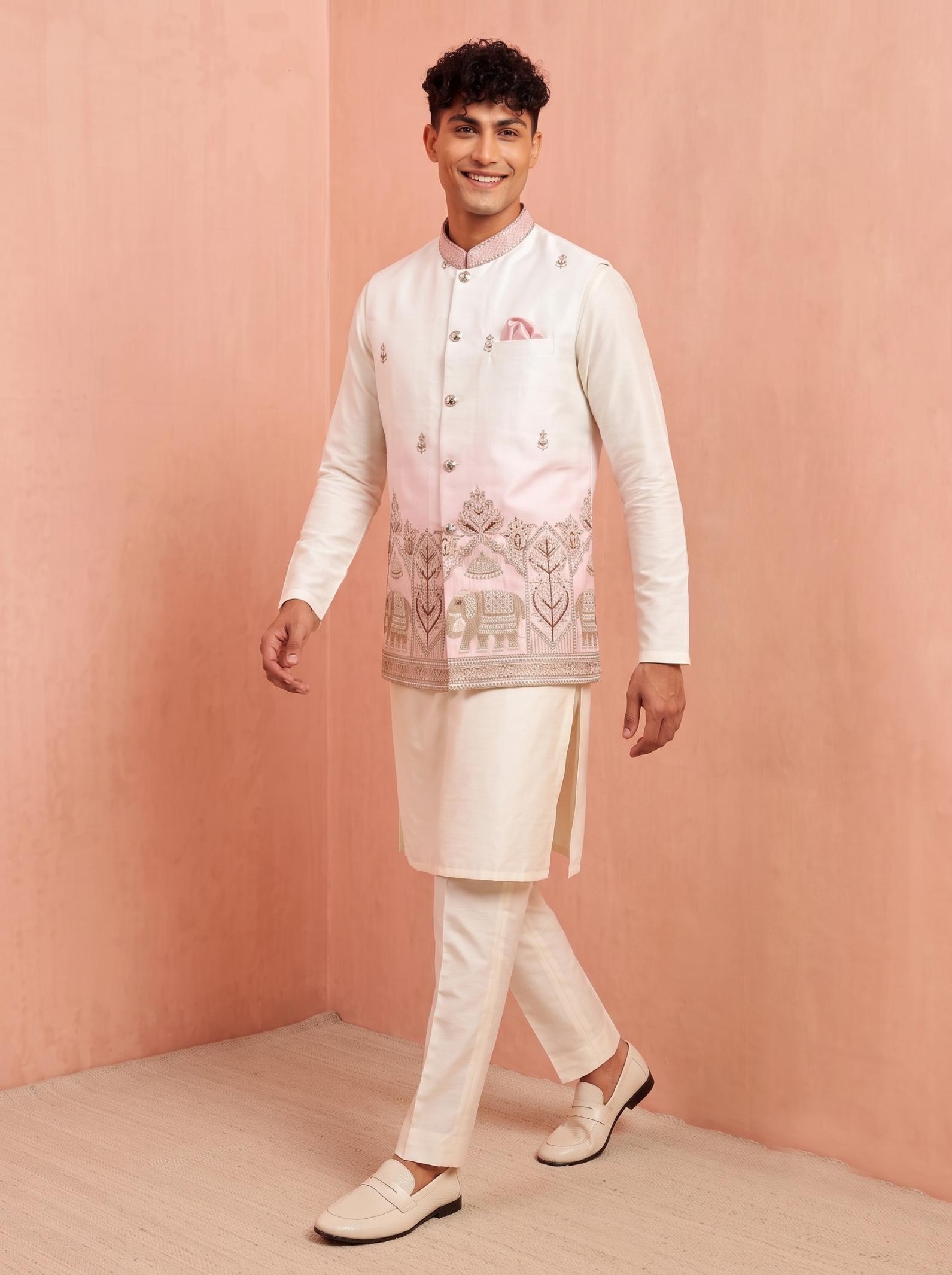 Multi Pink Embroidery Doniar Satin Jacket Kurta
