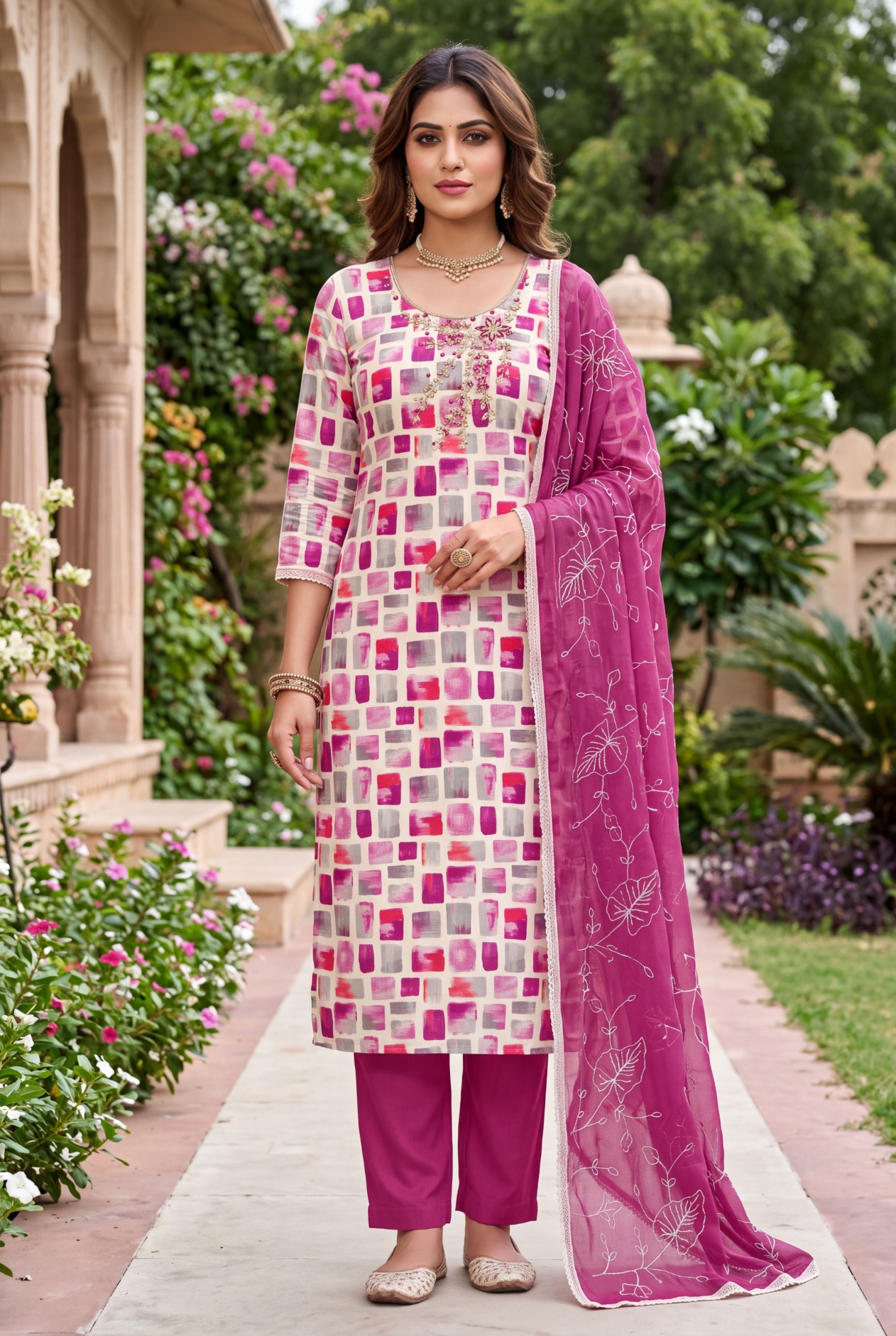Multi Pink Geometric Handwork Jam Cotton Straight Suit