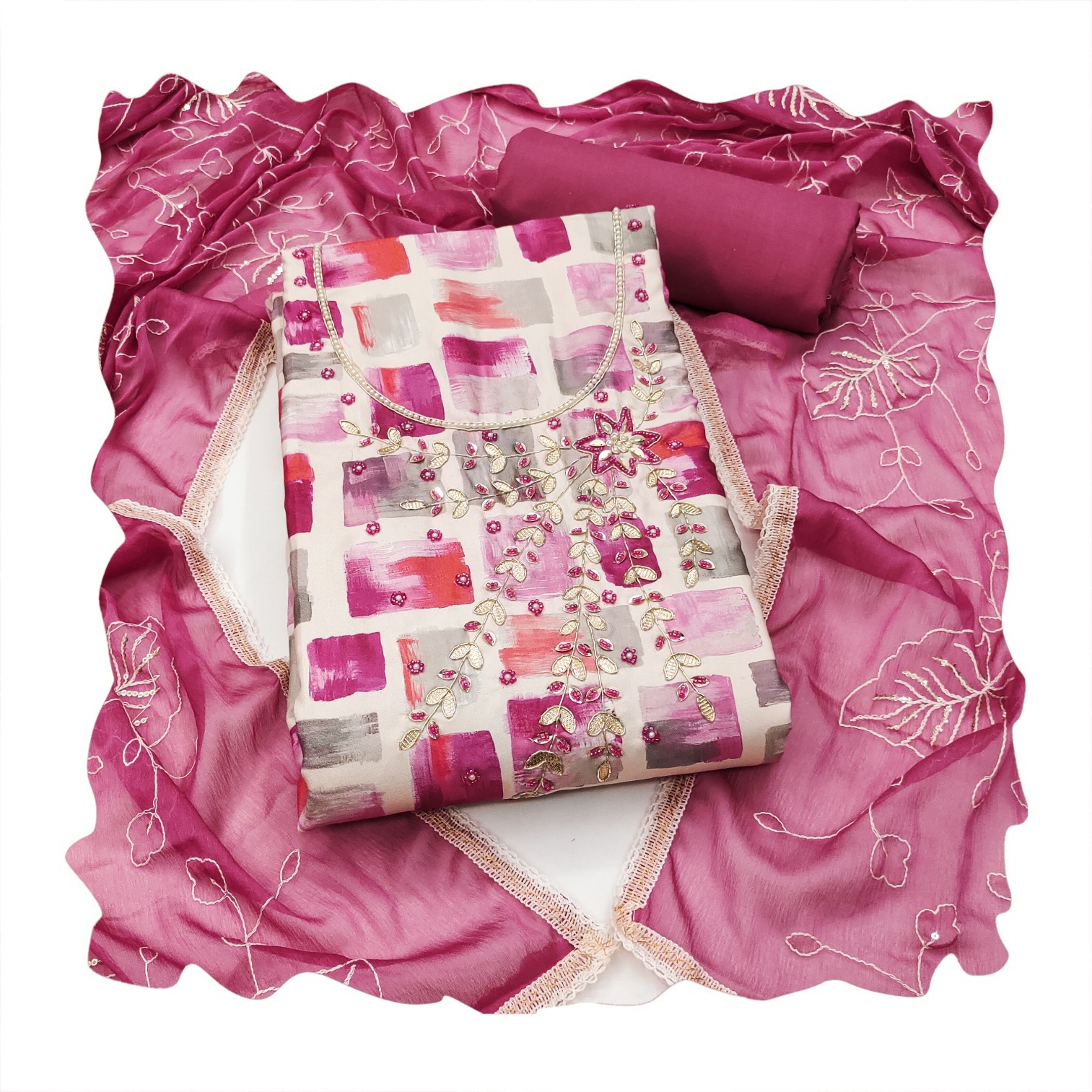 Multi Pink Geometric Handwork Jam Cotton Straight Suit — alternate view