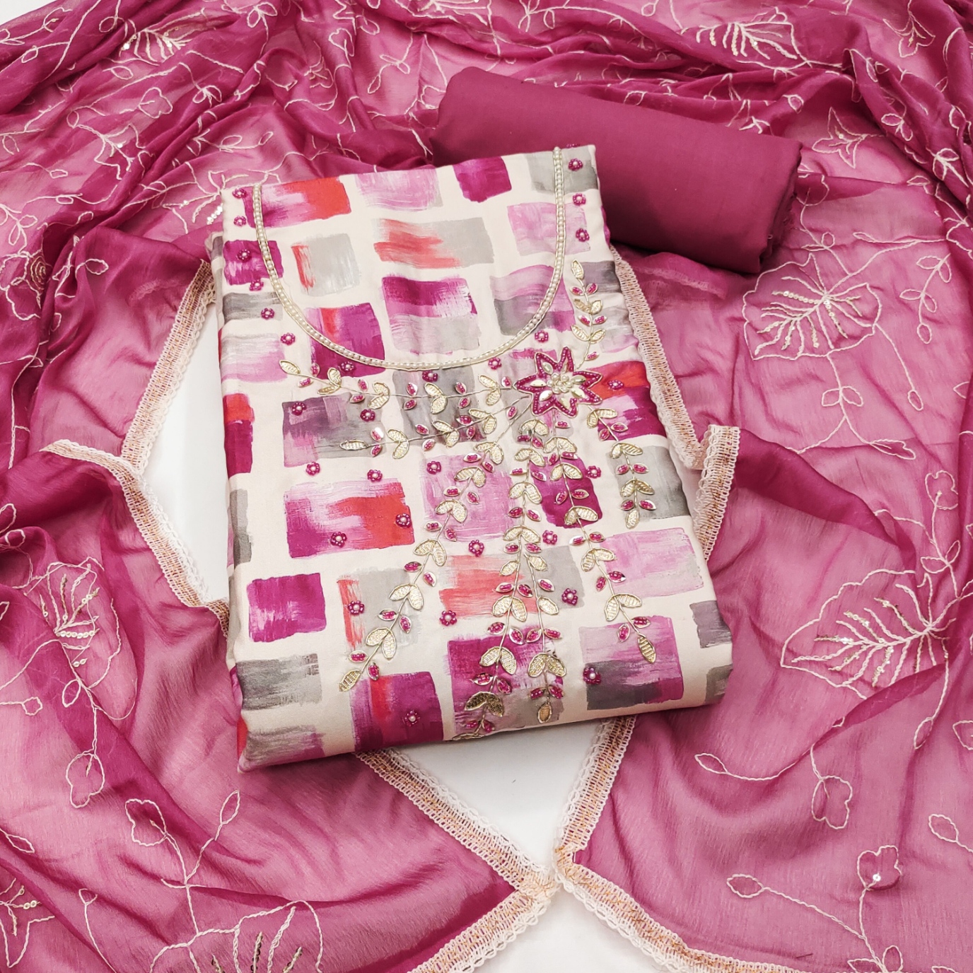 Multi Pink Geometric Handwork Jam Cotton Straight Suit