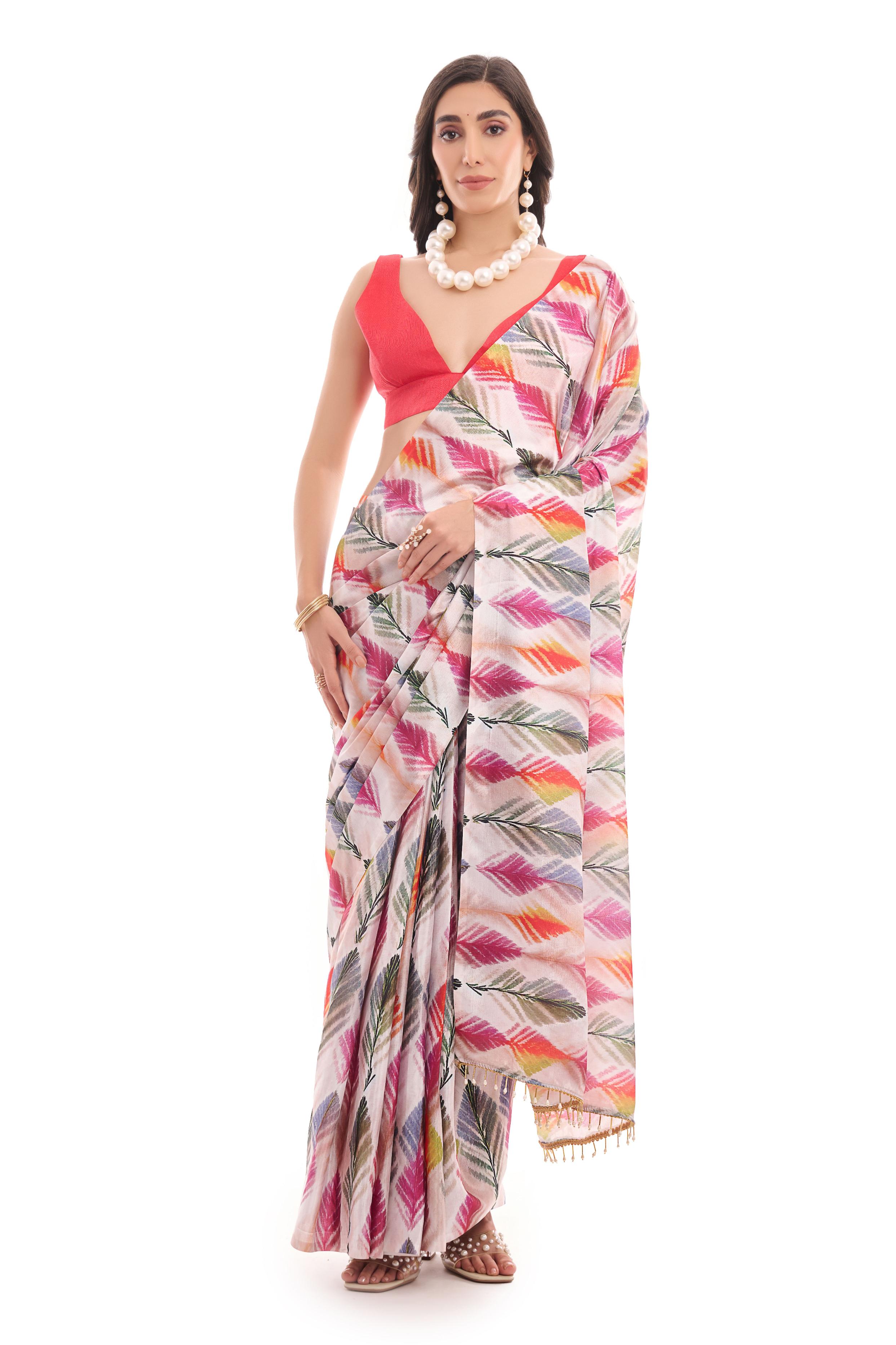 Multi Pink Motif Printed Chinon Ready To Wear Saree