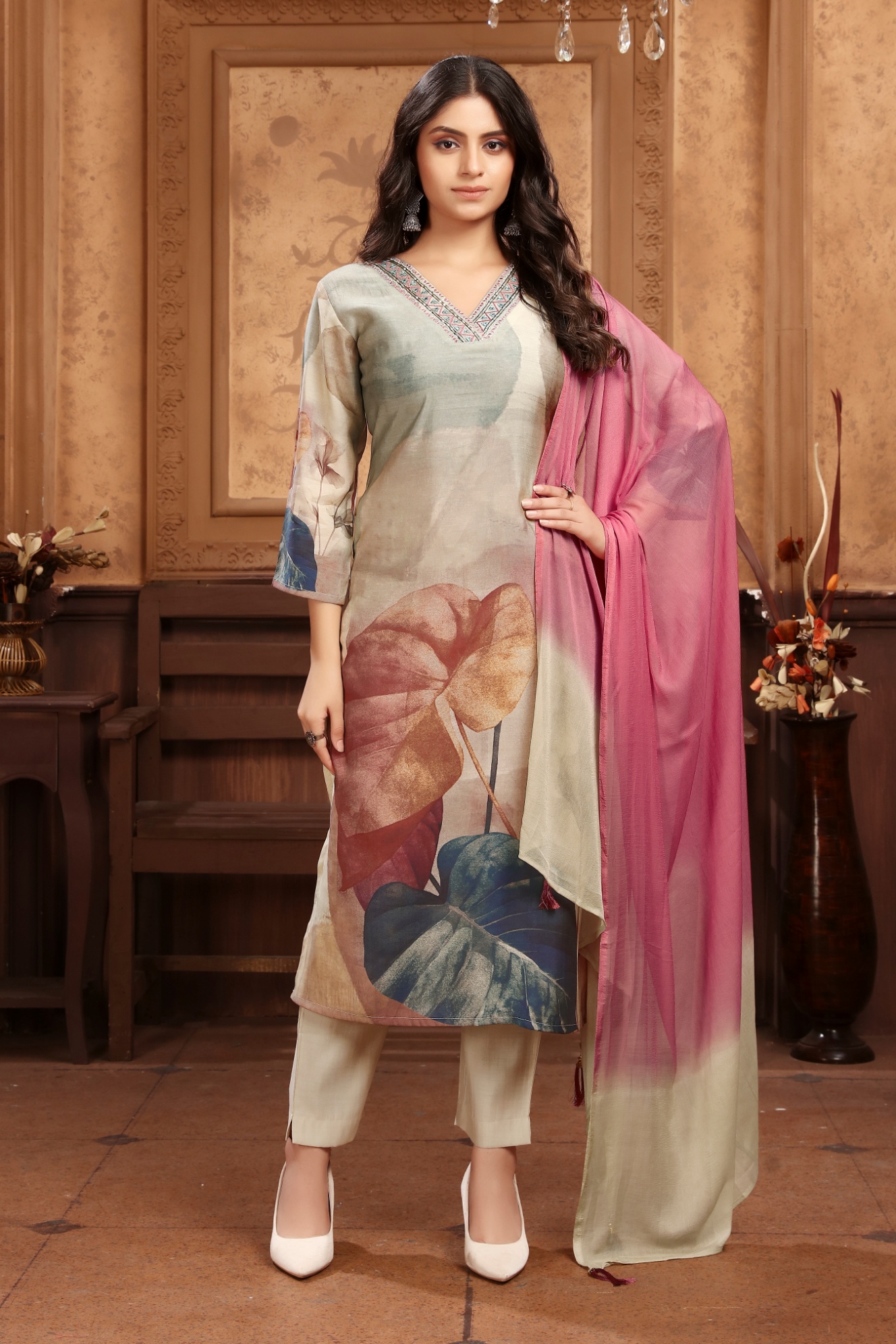 Multi Printed Chanderi Silk Straight Suit