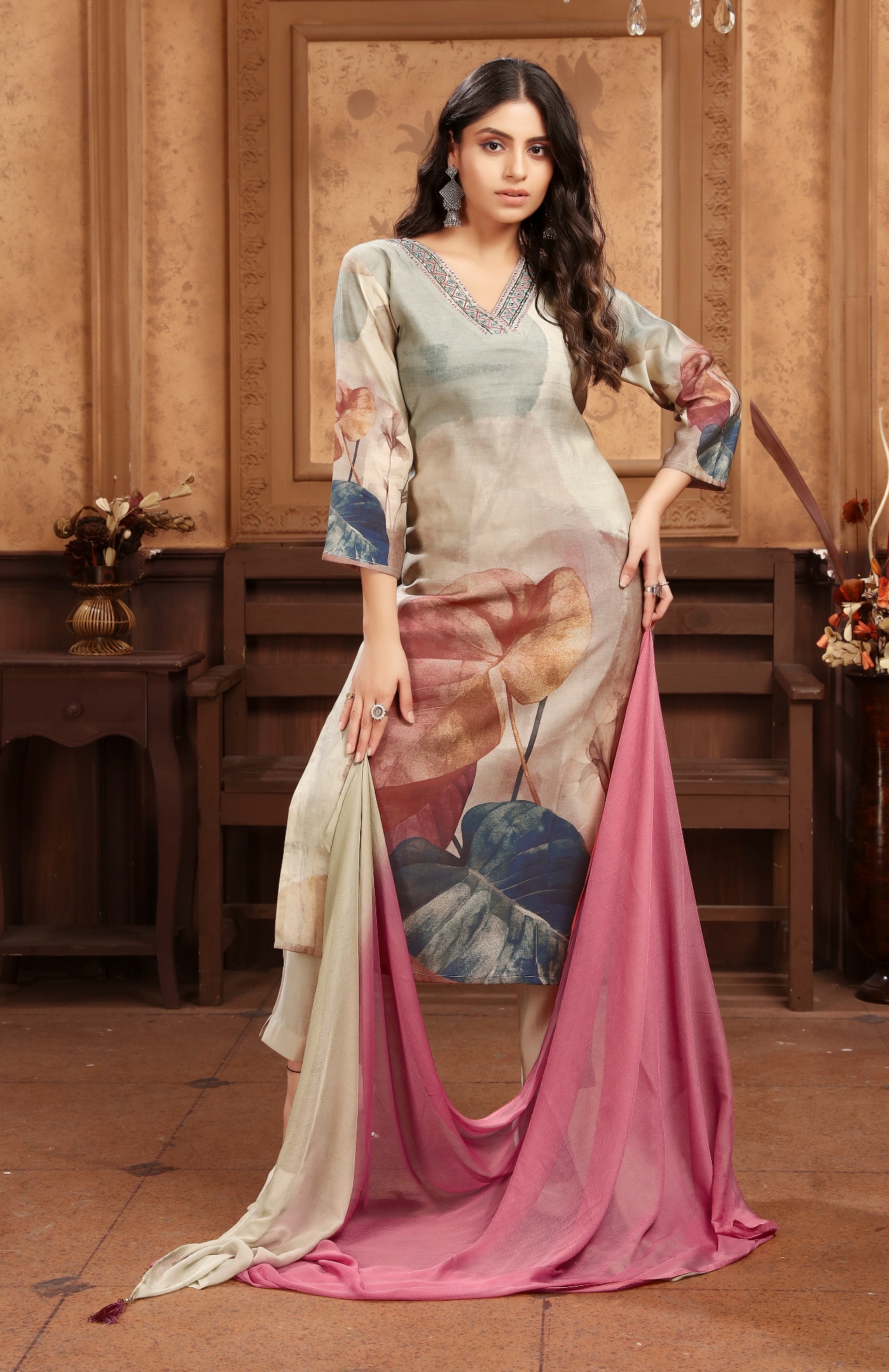 Multi Printed Chanderi Silk Straight Suit