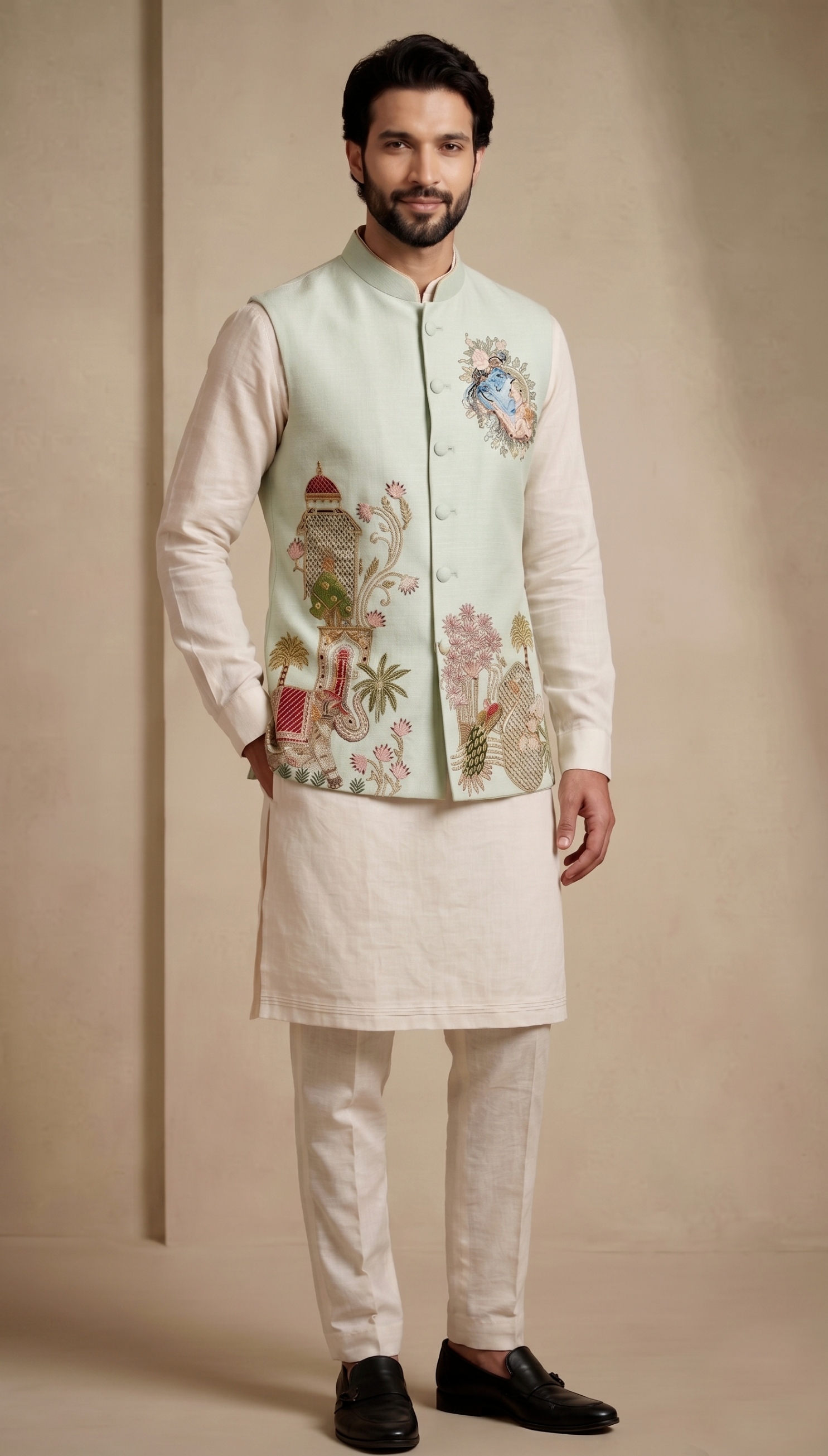 Multi Sage Embroidered Viscose Jacket Kurta Pyjama