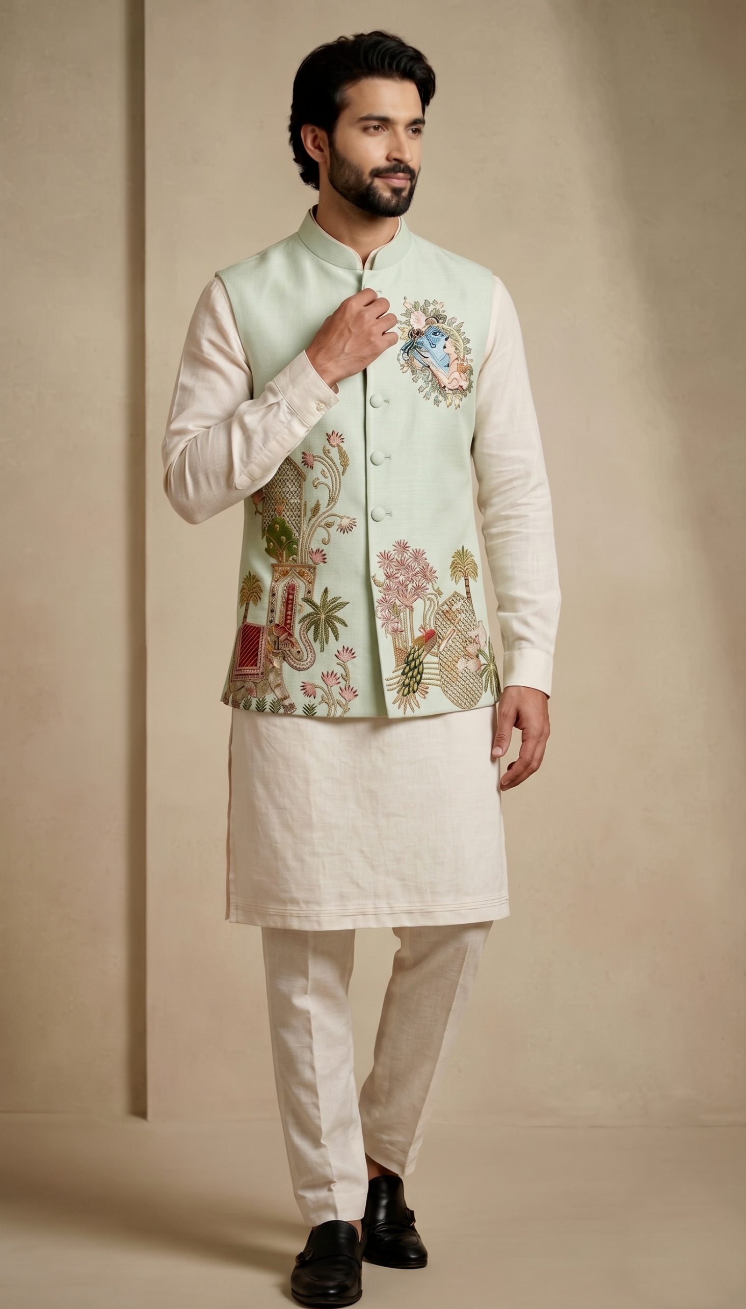 Multi Sage Embroidered Viscose Jacket Kurta Pyjama — alternate view
