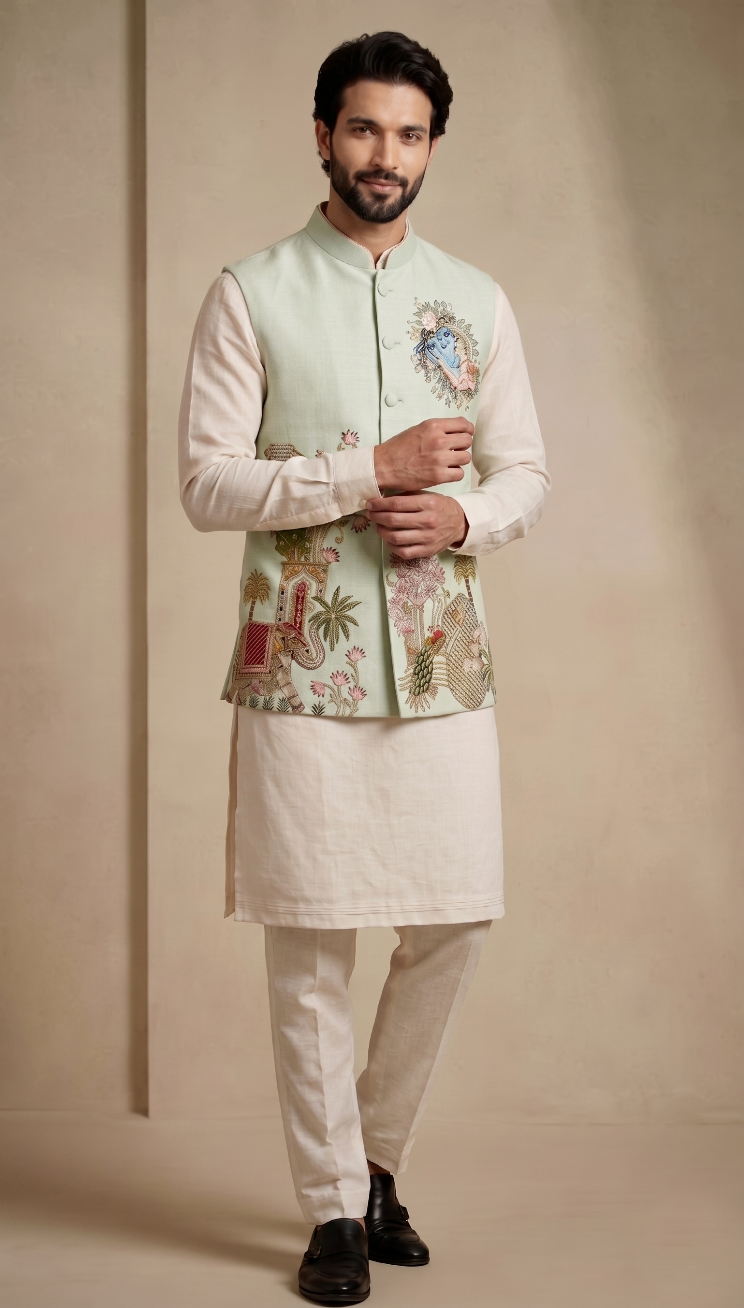 Multi Sage Embroidered Viscose Jacket Kurta Pyjama