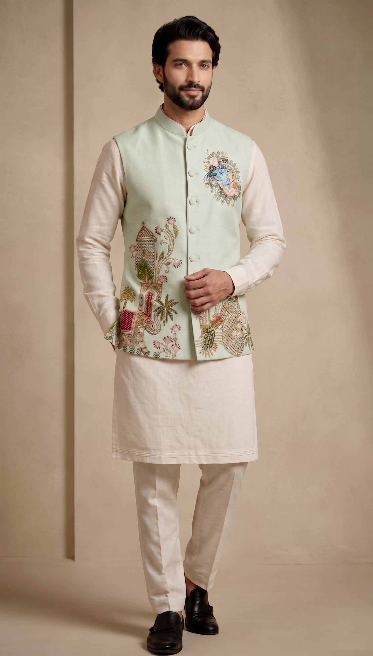 Multi Sage Embroidered Viscose Jacket Kurta Pyjama