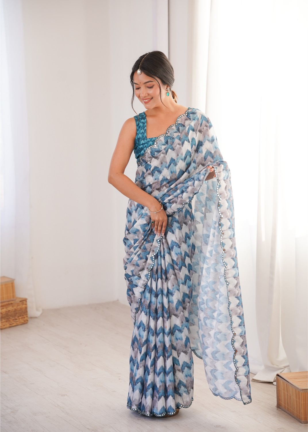 Multi Sea Green Chinon Digital Printed Mirror Work Saree