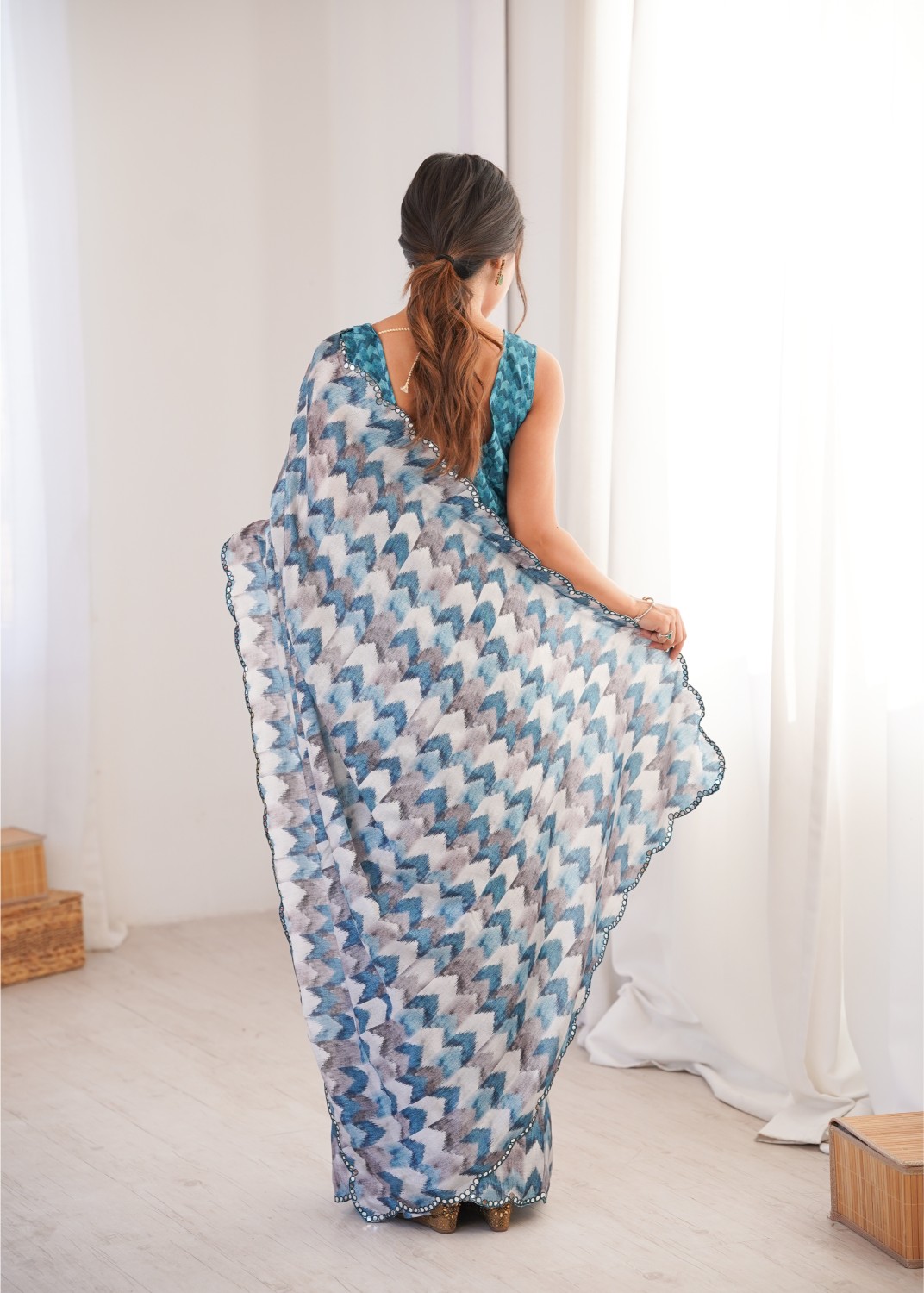 Multi Sea Green Chinon Digital Printed Mirror Work Saree — alternate view