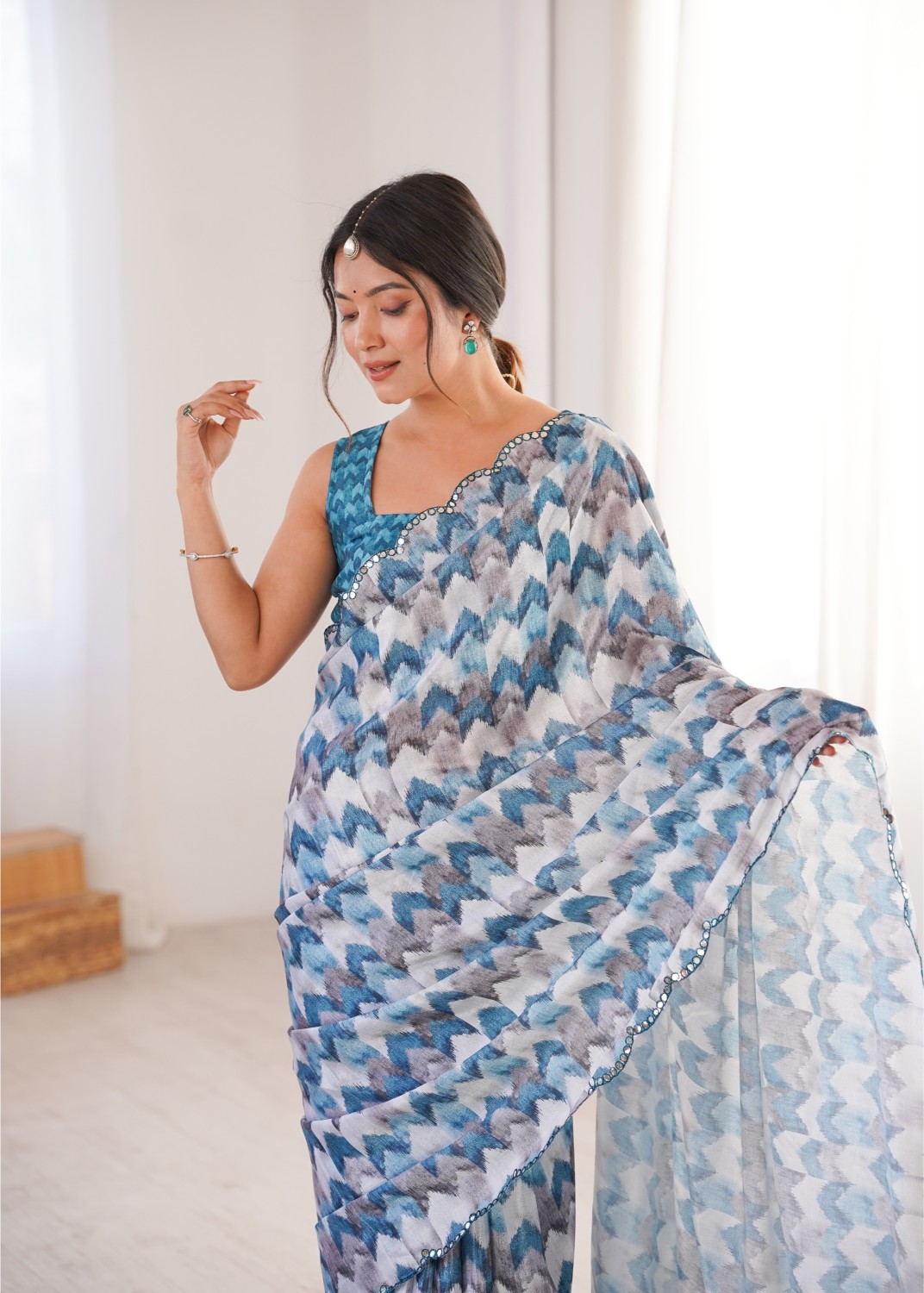 Multi Sea Green Chinon Digital Printed Mirror Work Saree