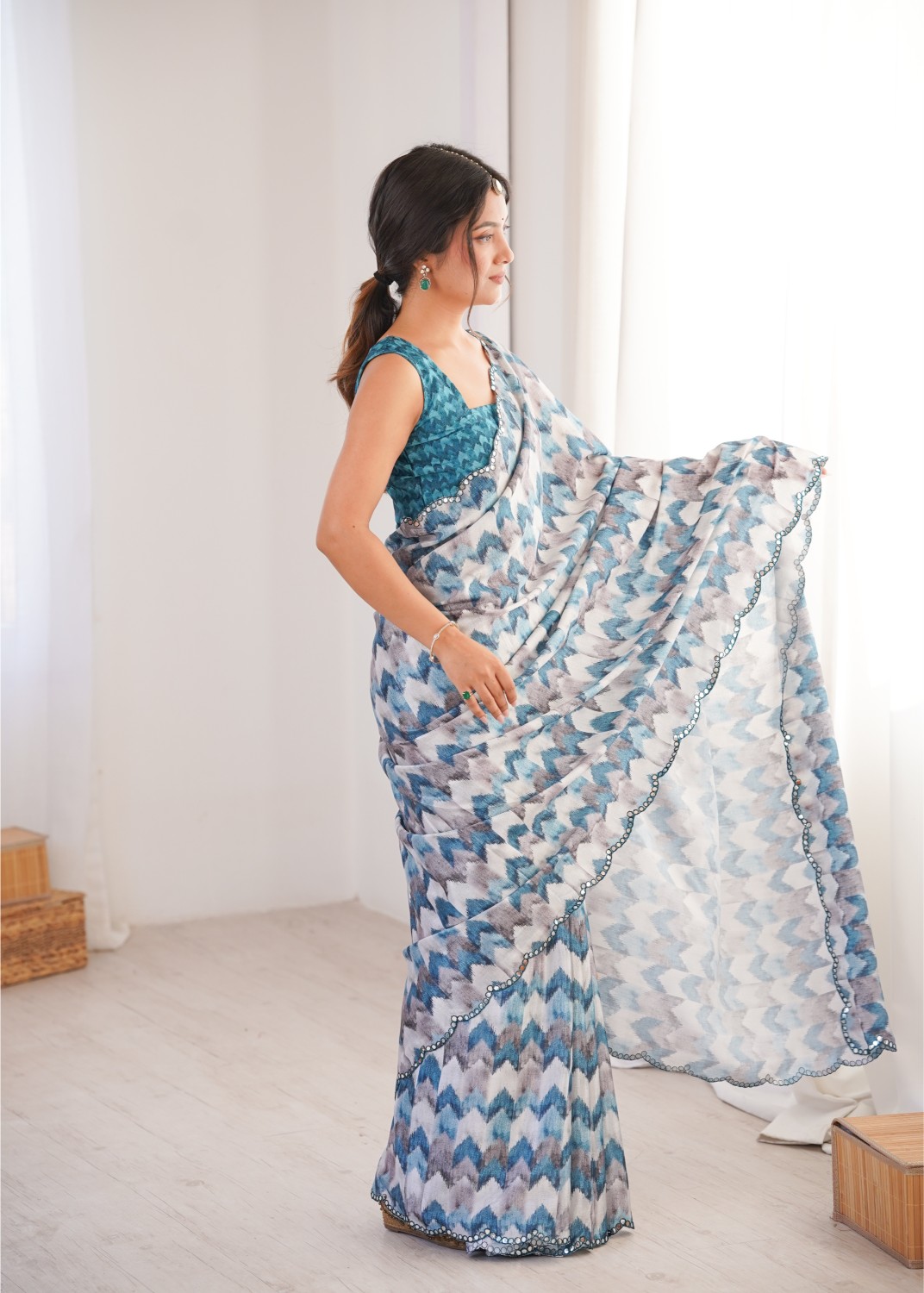 Multi Sea Green Chinon Digital Printed Mirror Work Saree