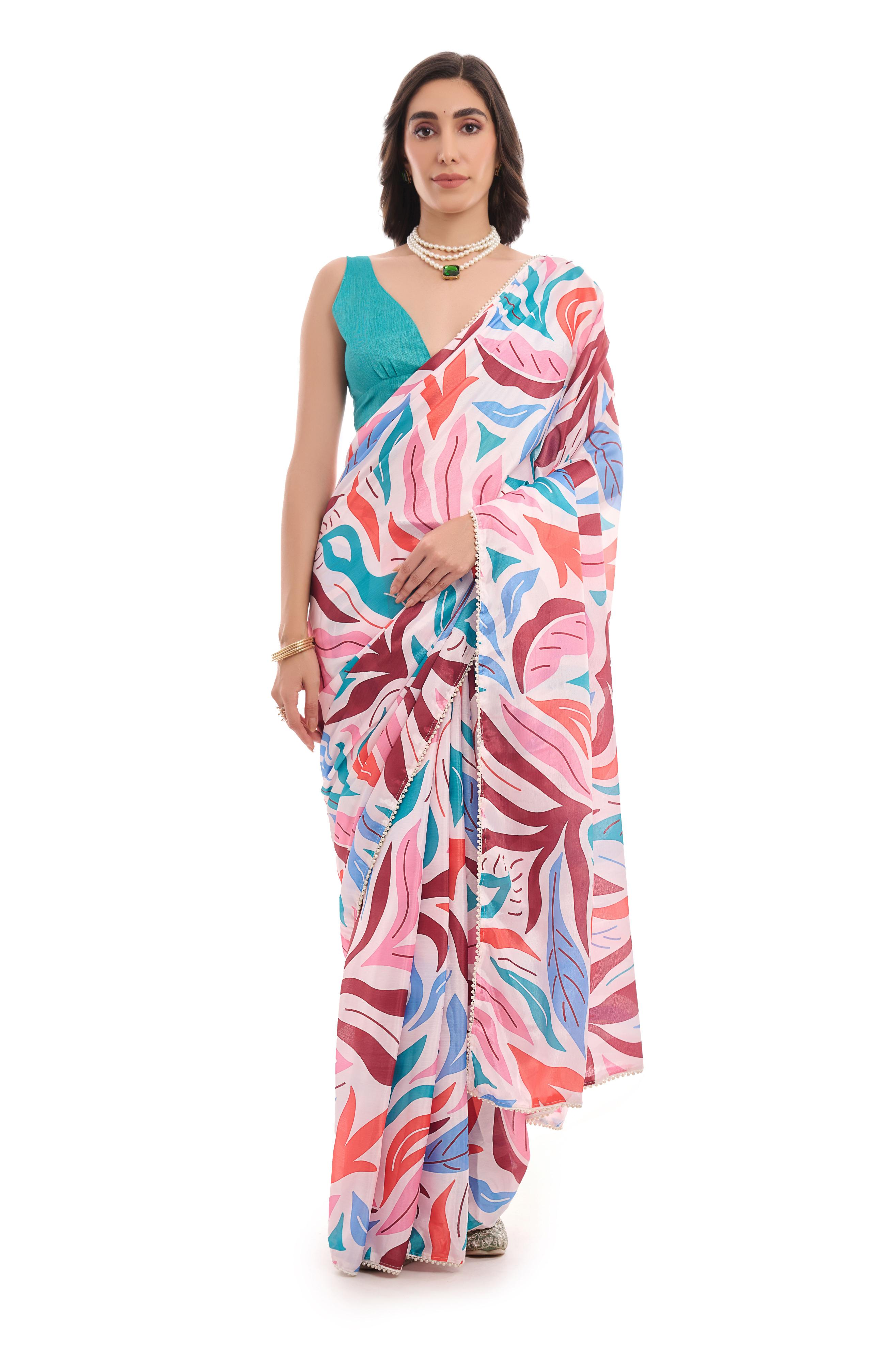 Multi Sea Green Digital Printed Chinon Ready To Wear Saree