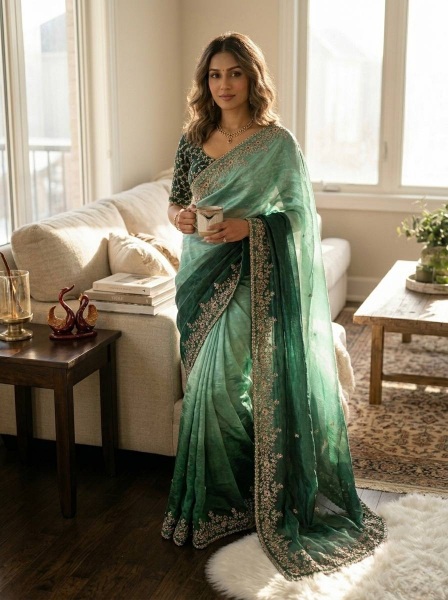 Multi Teal Green Sequence Embroidered Soft Chiffon Saree