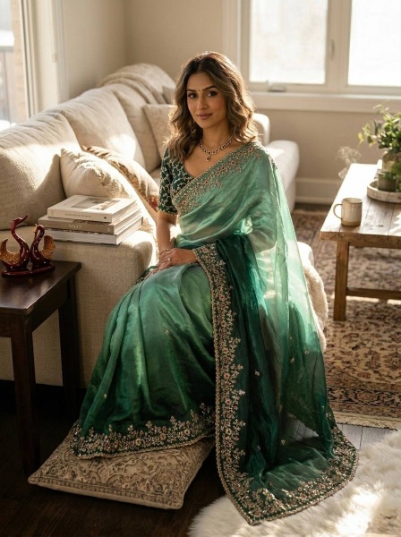 Multi Teal Green Sequence Embroidered Soft Chiffon Saree — alternate view