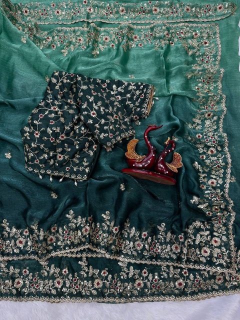 Multi Teal Green Sequence Embroidered Soft Chiffon Saree