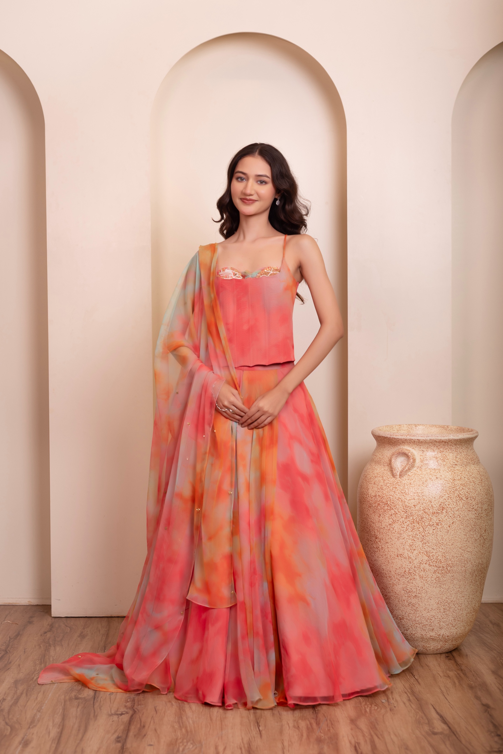 Multi Tie Dye Embroidered Chiffon Lehenga Choli
