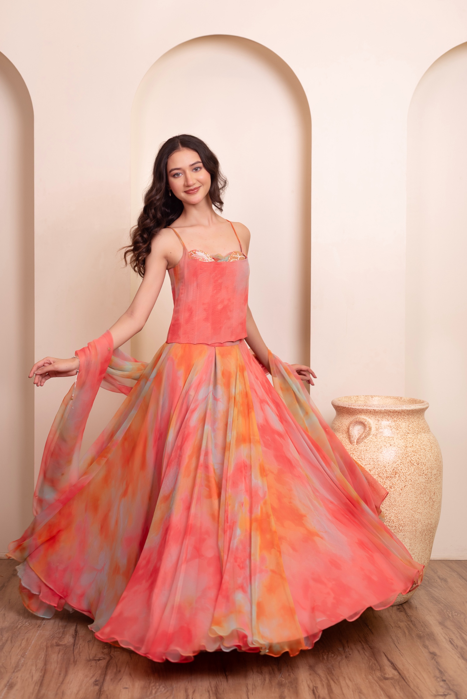 Multi Tie Dye Embroidered Chiffon Lehenga Choli
