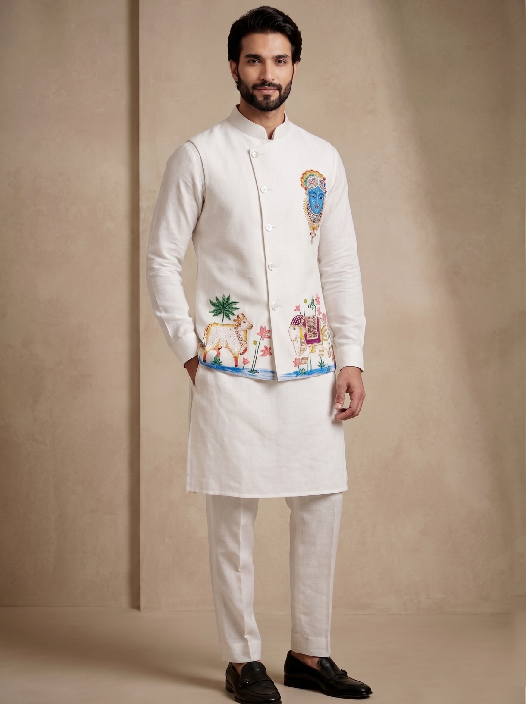 Multi White Embroidered Viscose Jacket Kurta Pyjama