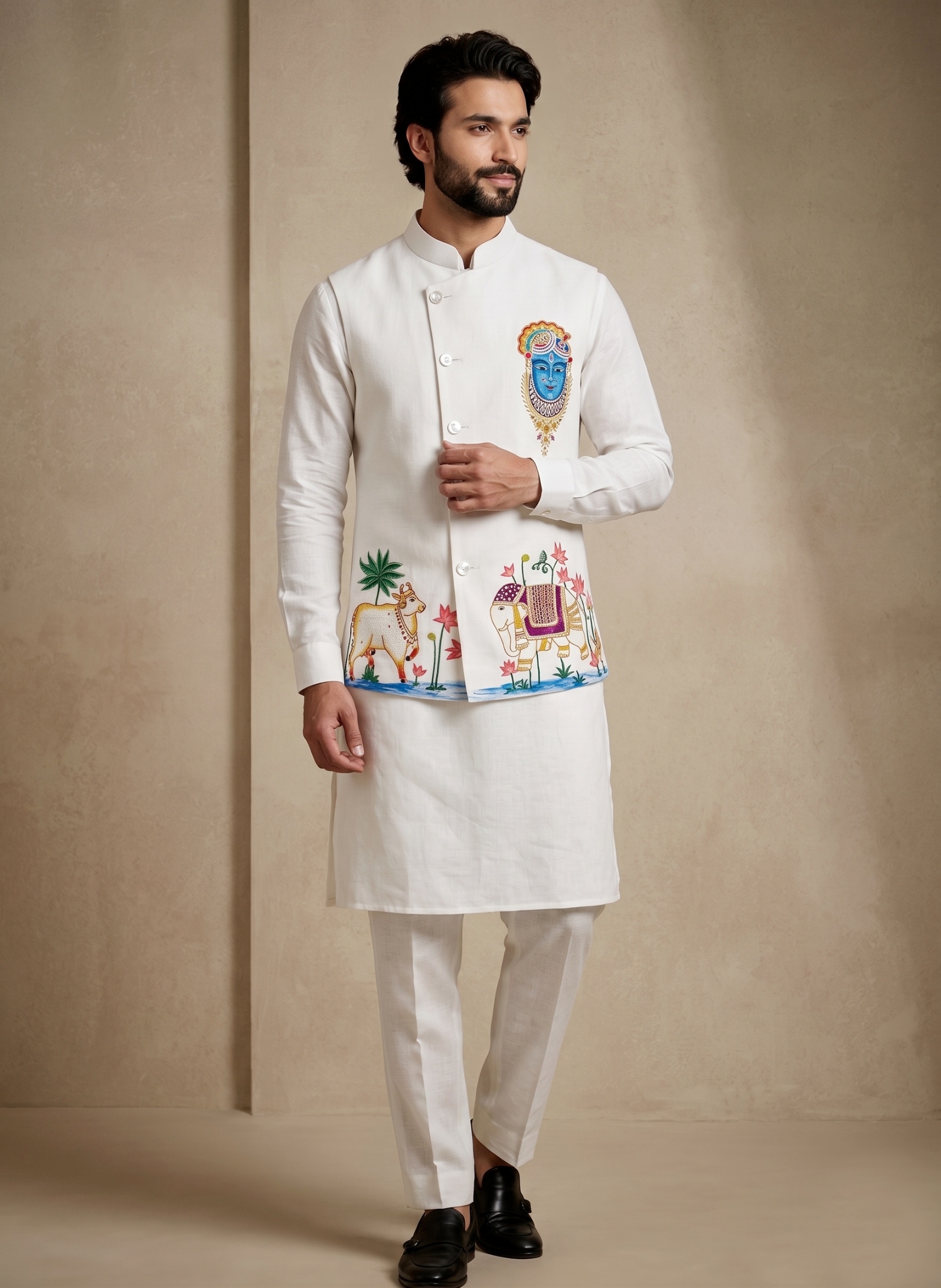Multi White Embroidered Viscose Jacket Kurta Pyjama — alternate view