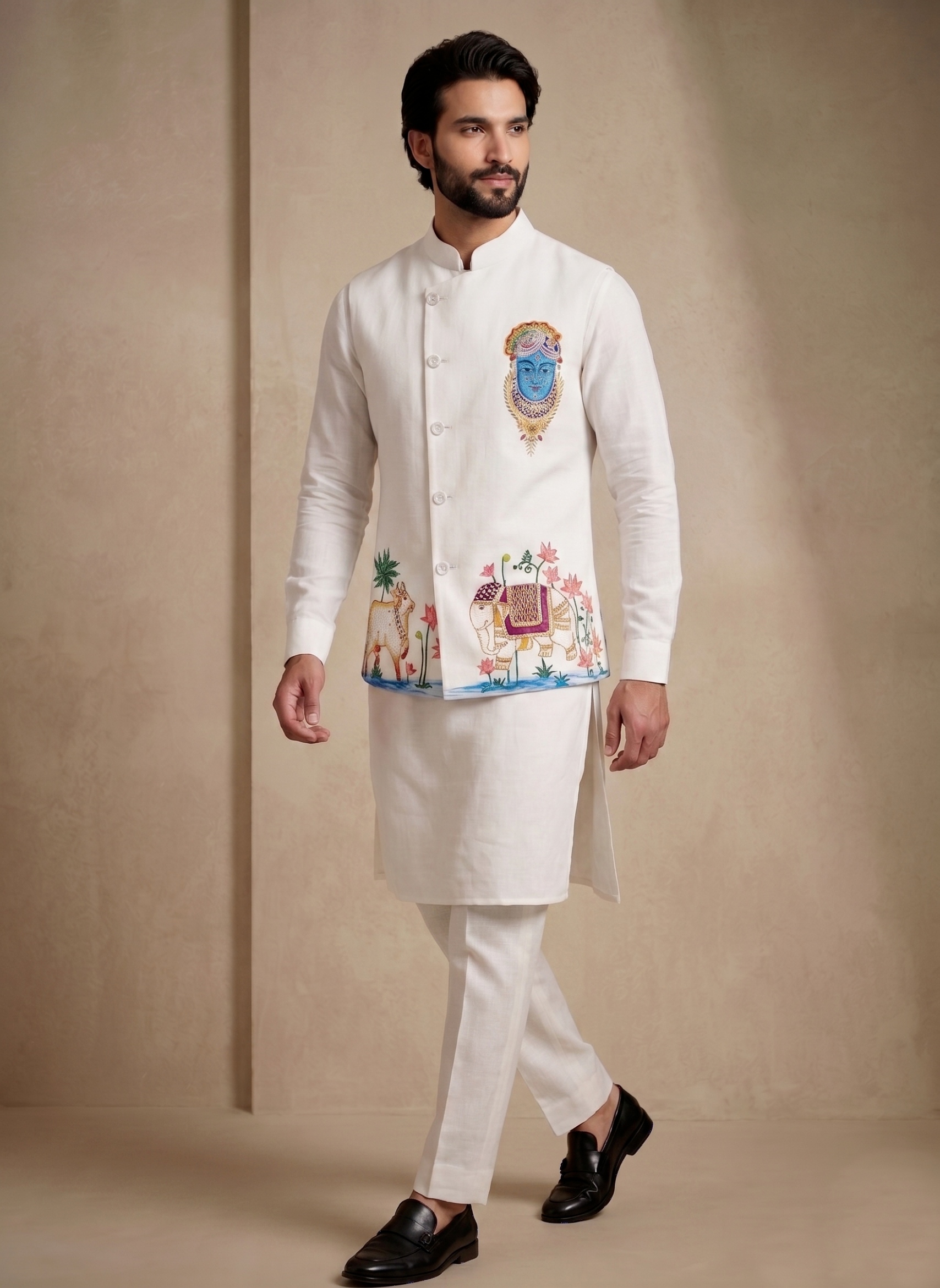 Multi White Embroidered Viscose Jacket Kurta Pyjama