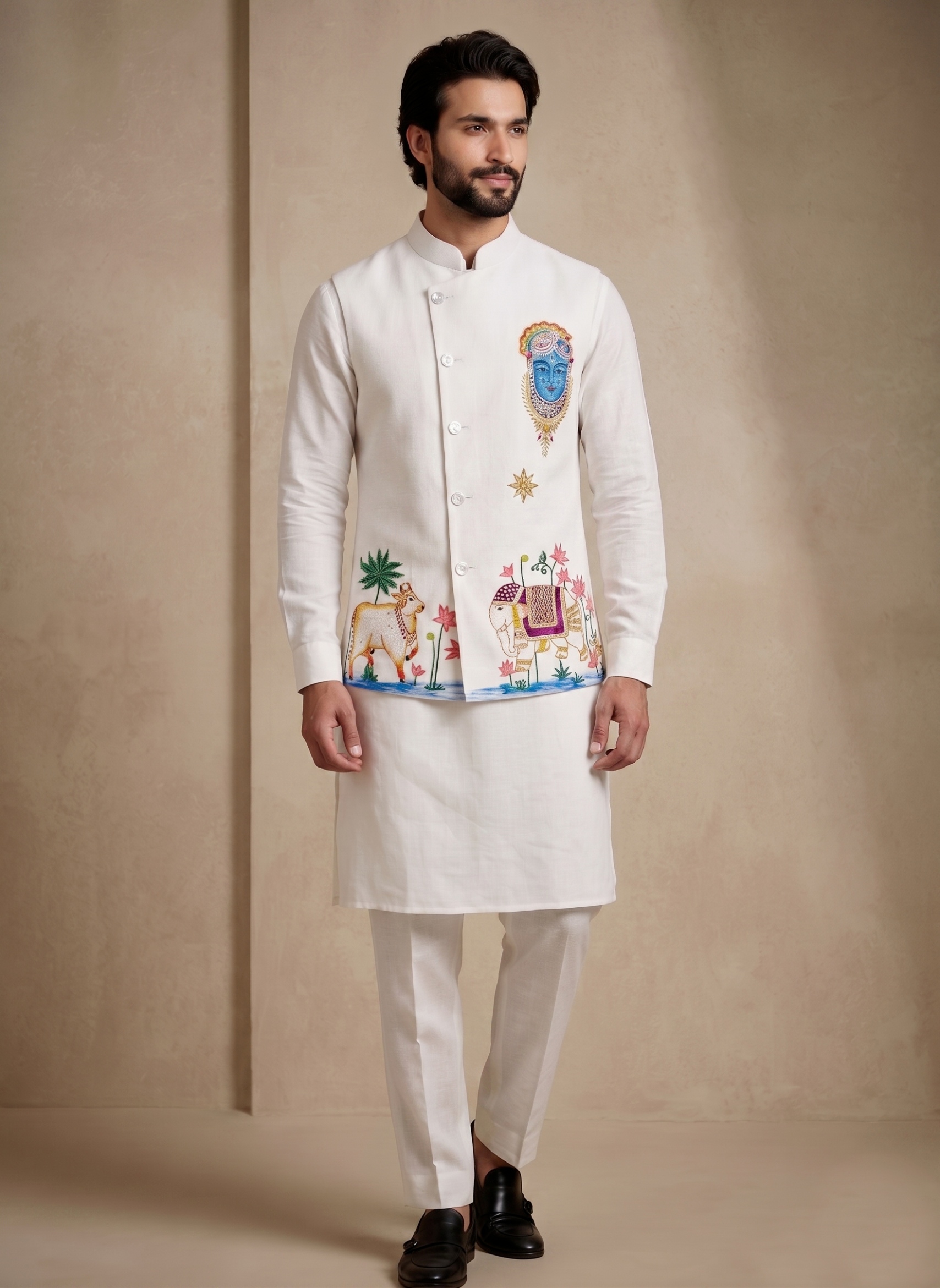 Multi White Embroidered Viscose Jacket Kurta Pyjama