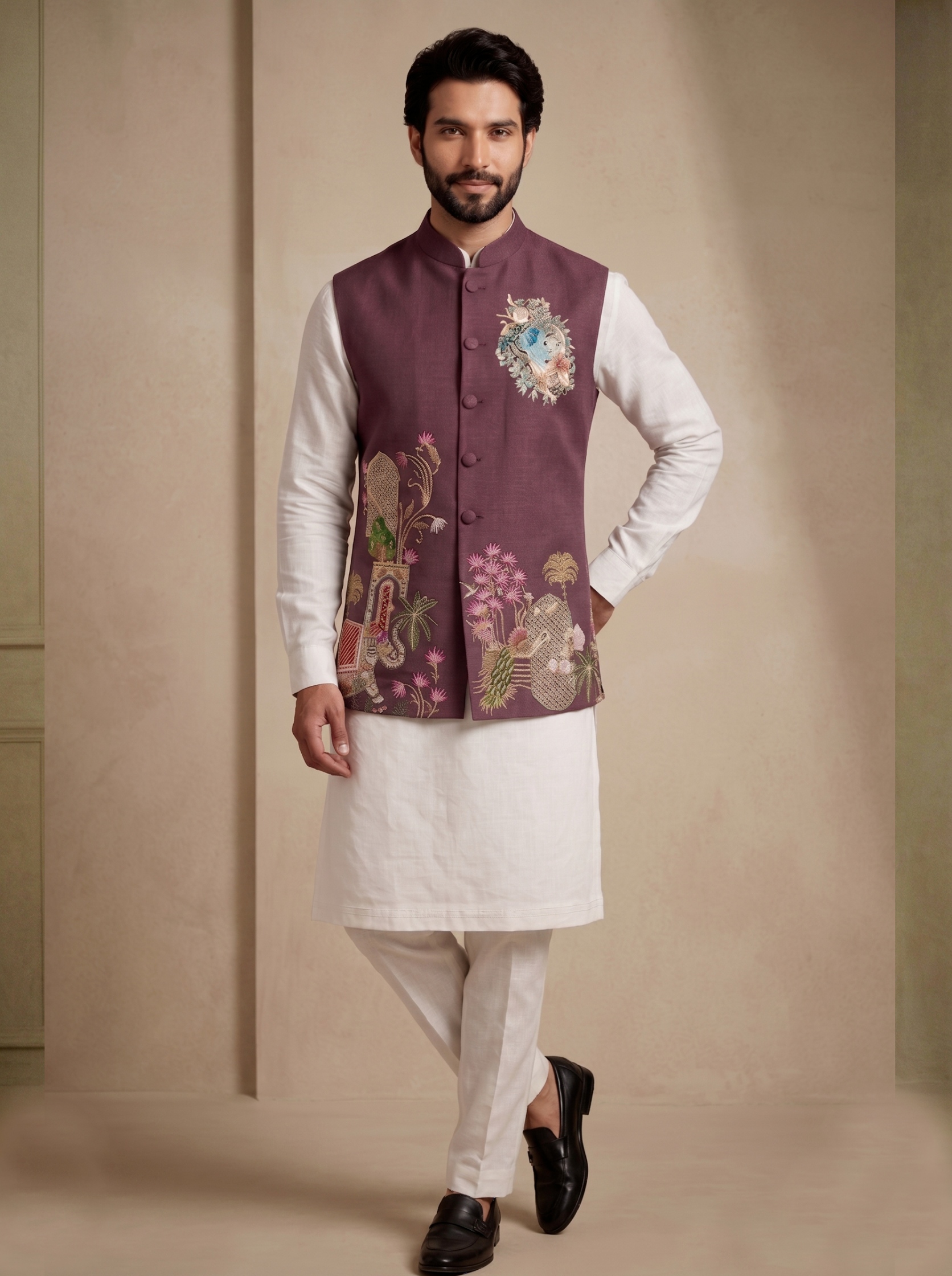 Multi Wine Embroidered Viscose Jacket Kurta Pyjama