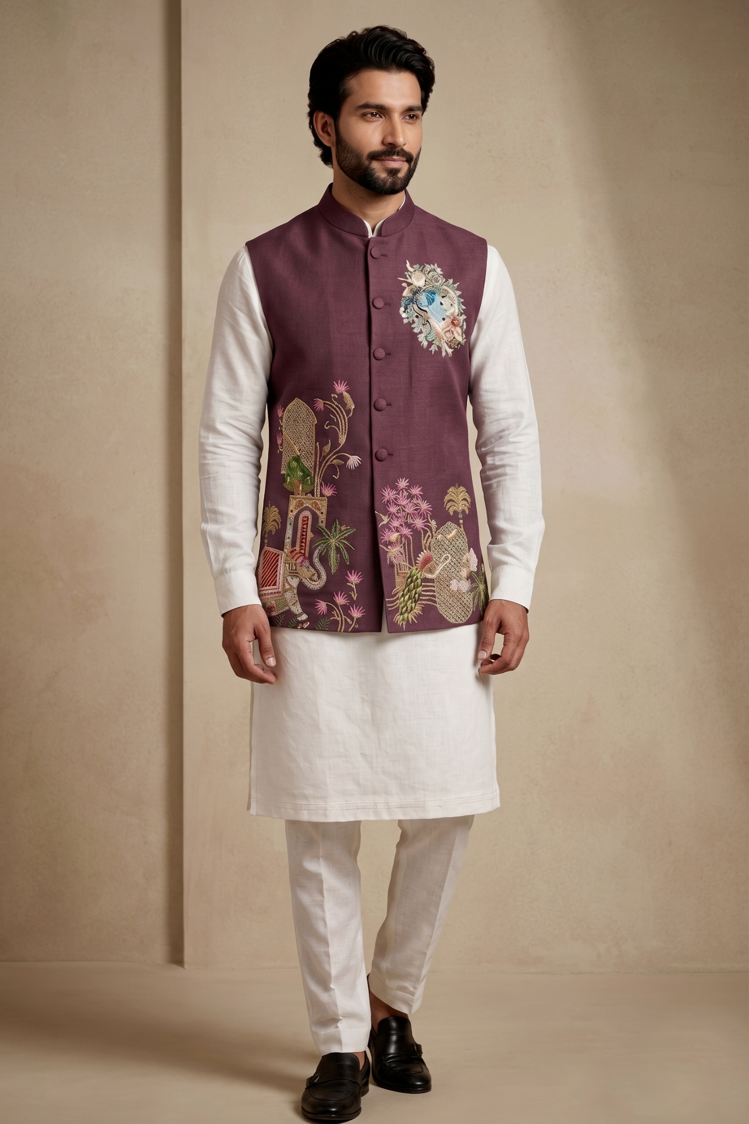 Multi Wine Embroidered Viscose Jacket Kurta Pyjama — alternate view