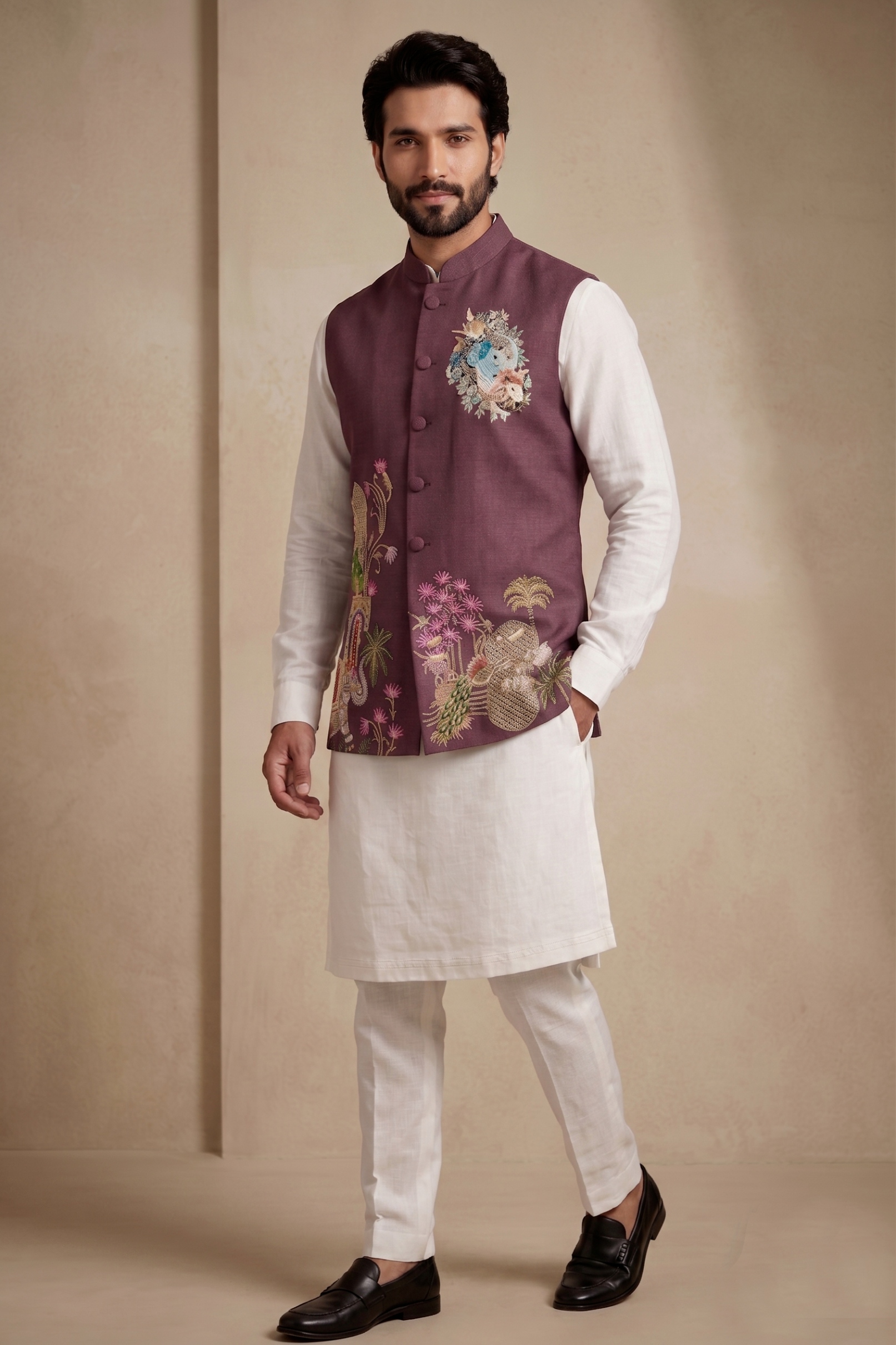 Multi Wine Embroidered Viscose Jacket Kurta Pyjama