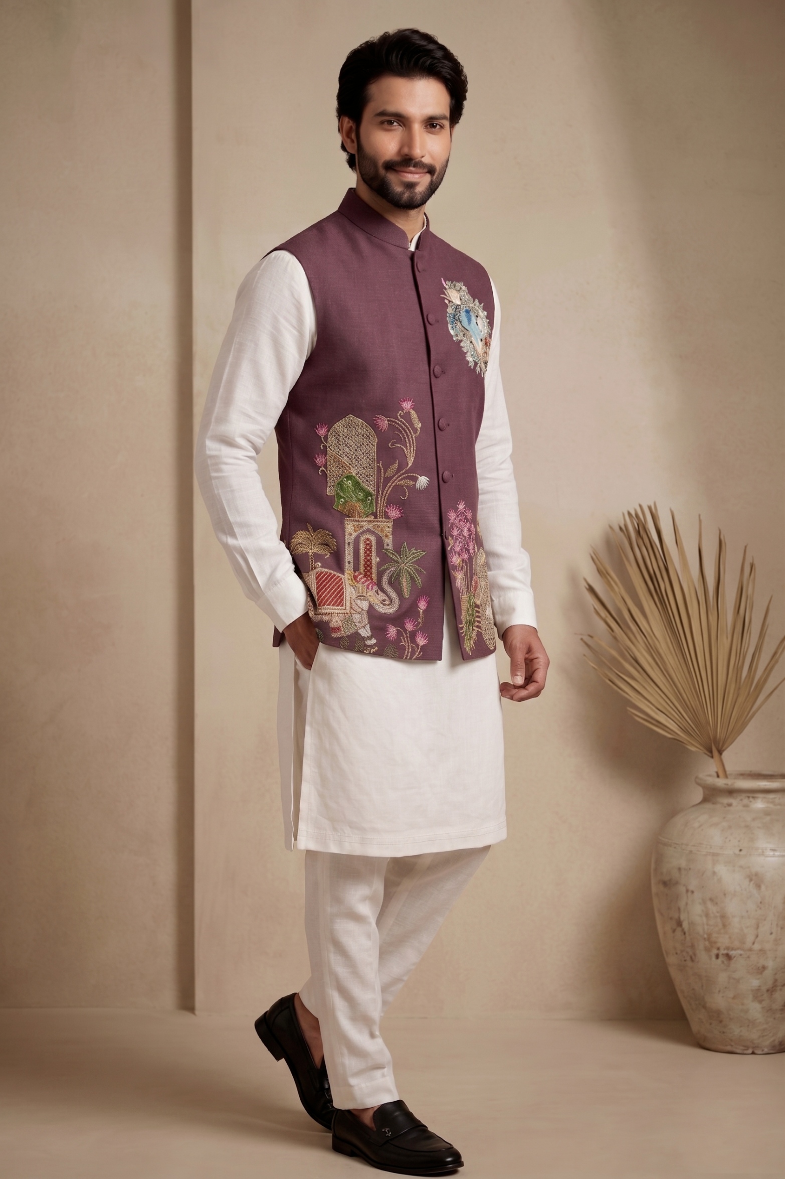 Multi Wine Embroidered Viscose Jacket Kurta Pyjama