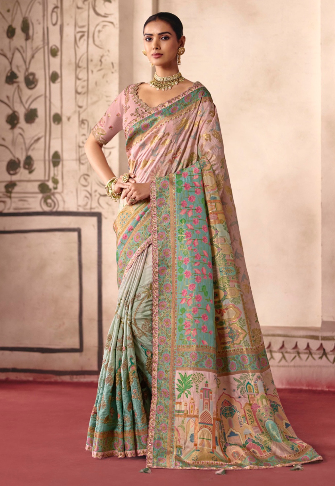 Multicolor Baby Pink Heavy Embroidery Dola Silk Saree