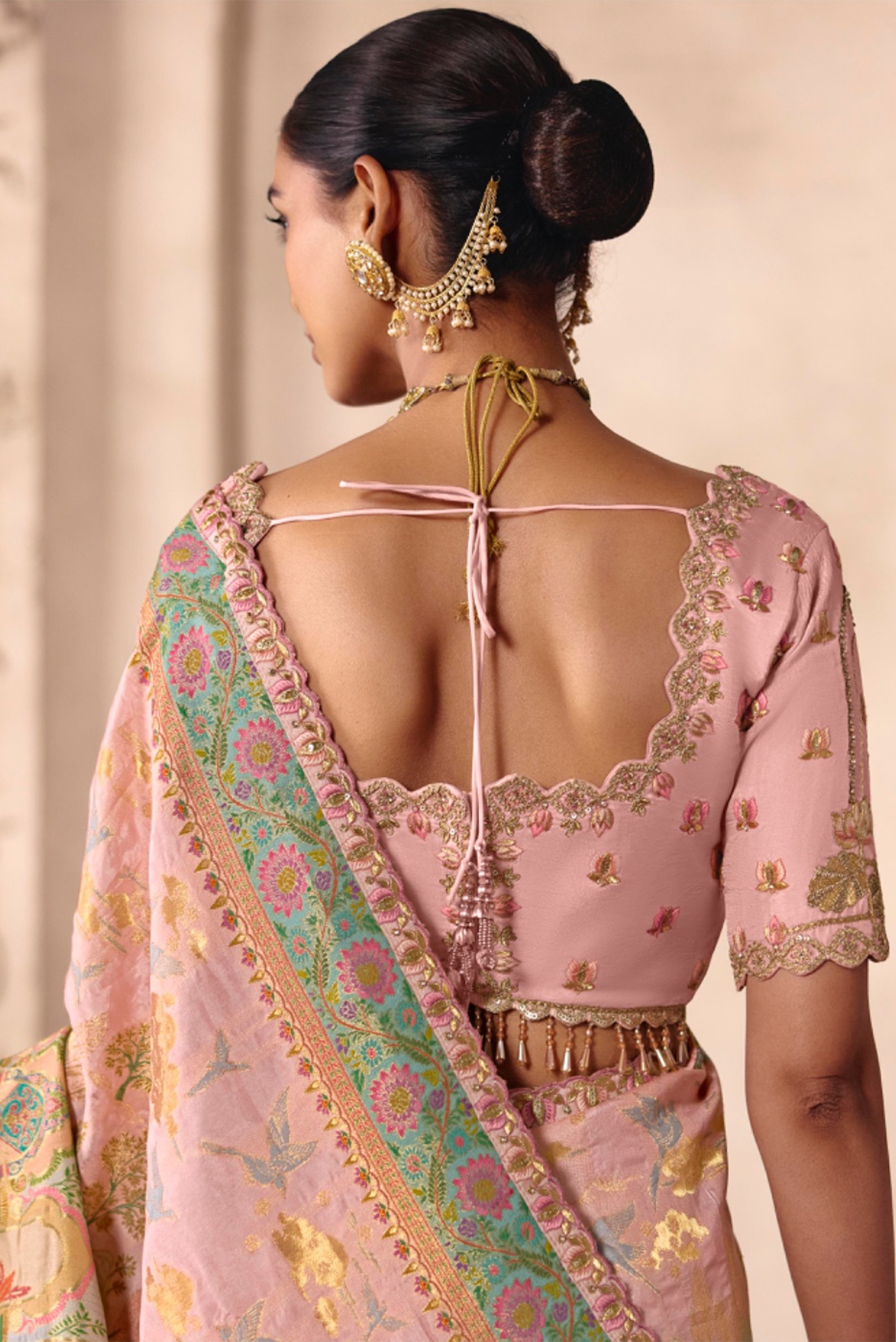 Multicolor Baby Pink Heavy Embroidery Dola Silk Saree — alternate view