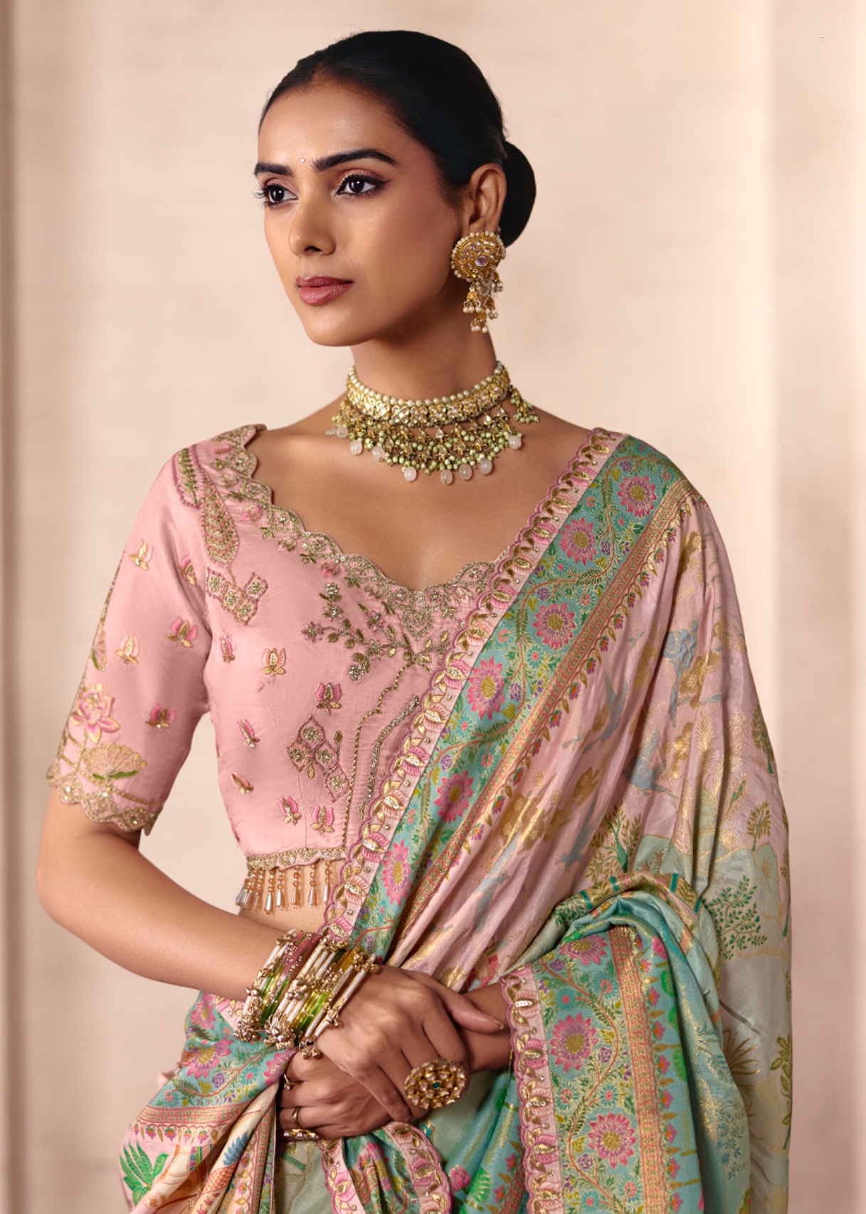 Multicolor Baby Pink Heavy Embroidery Dola Silk Saree
