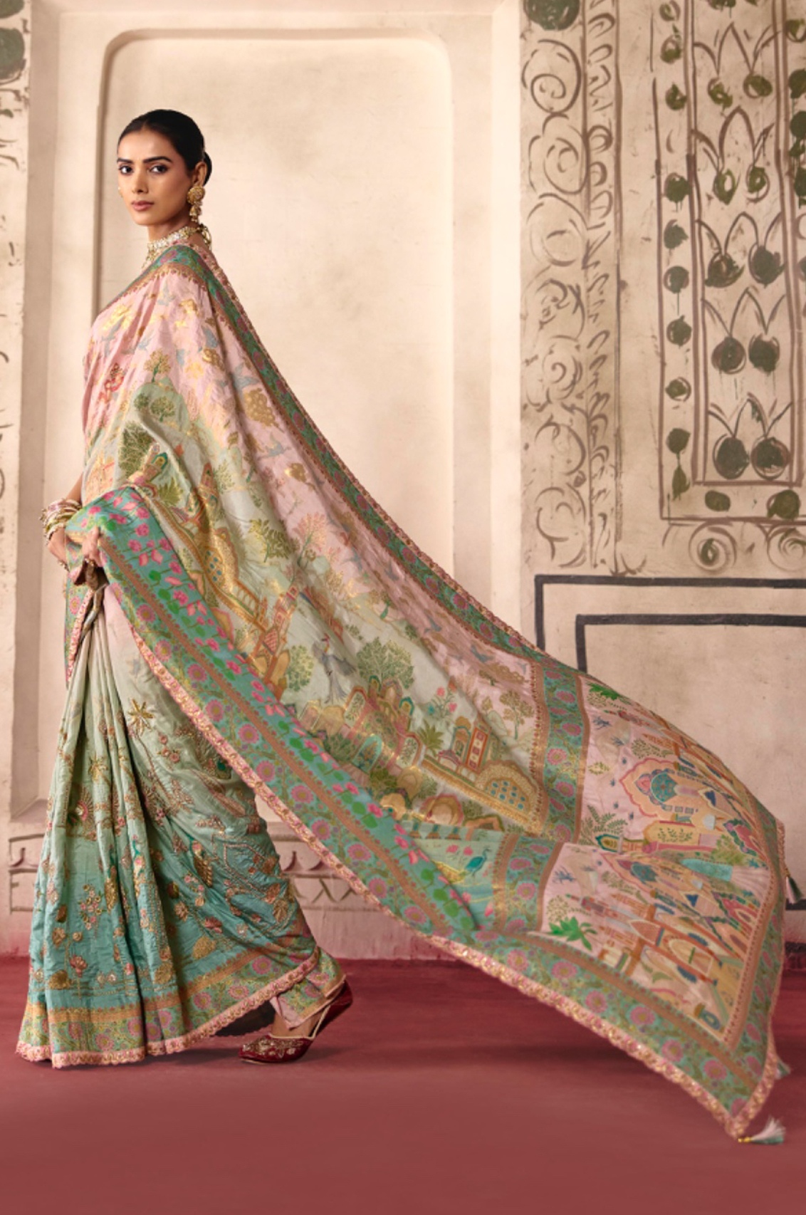 Multicolor Baby Pink Heavy Embroidery Dola Silk Saree