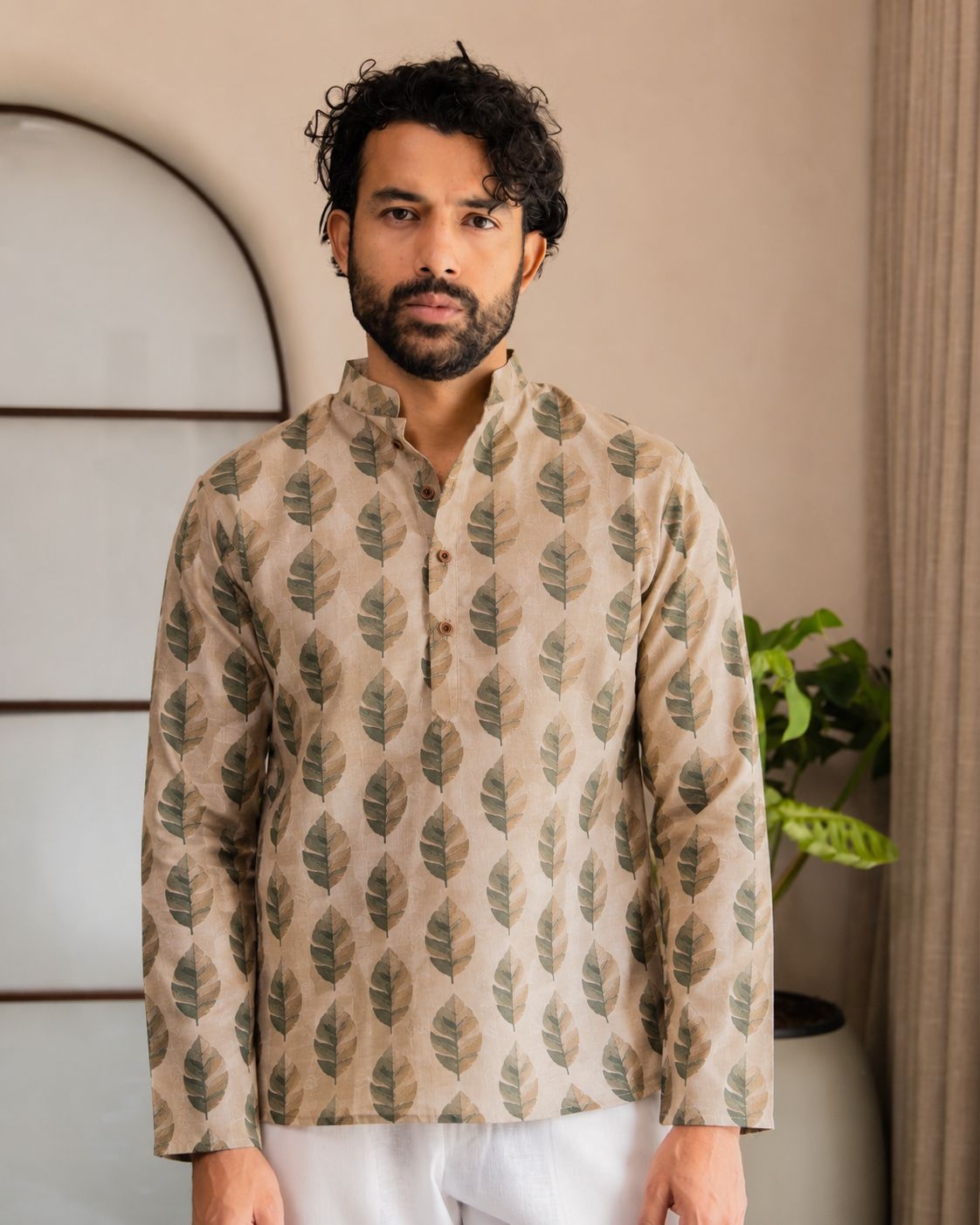 Multicolor Botanical Leaf Designer Printed Linen Short Kurta