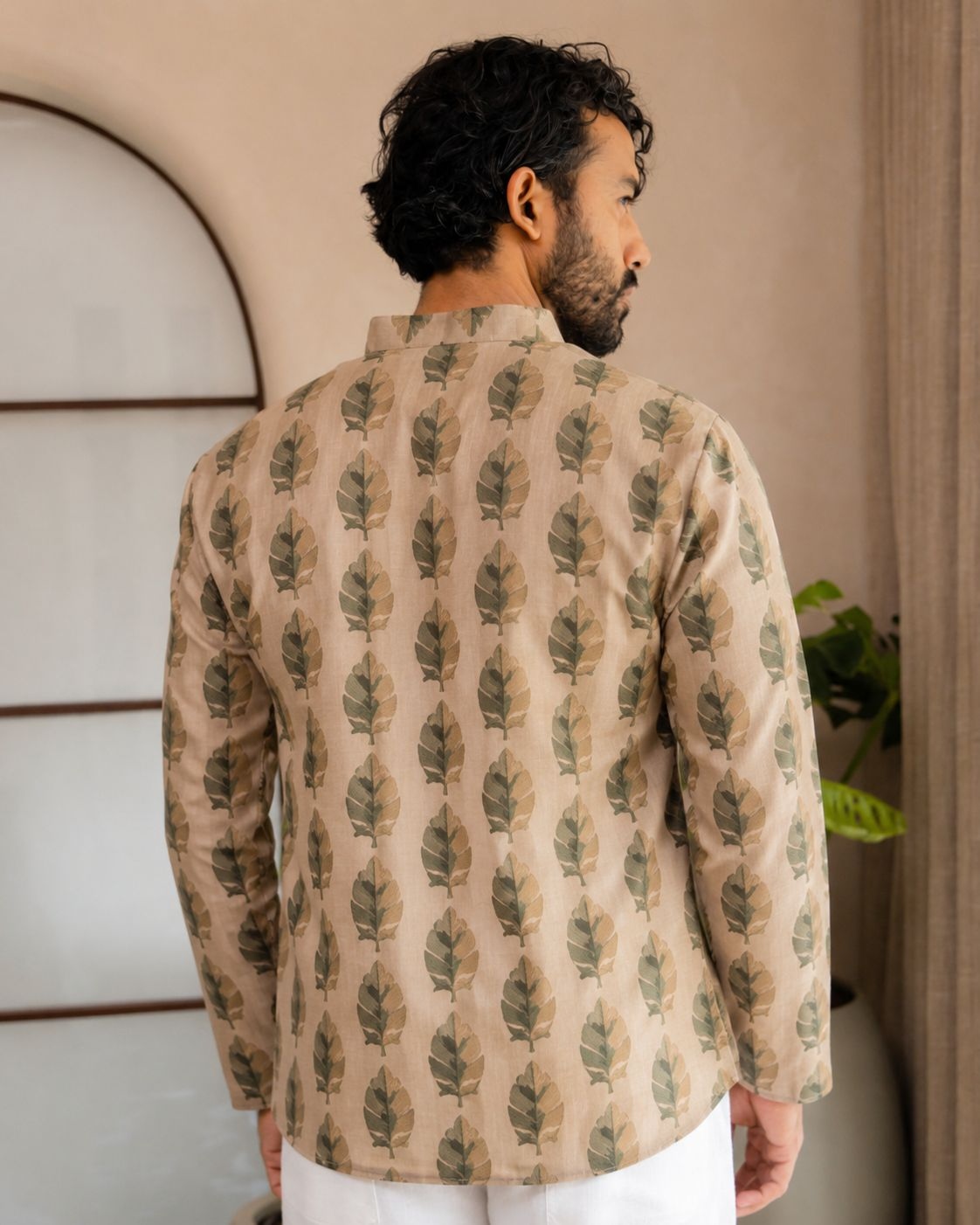 Multicolor Botanical Leaf Designer Printed Linen Short Kurta — alternate view