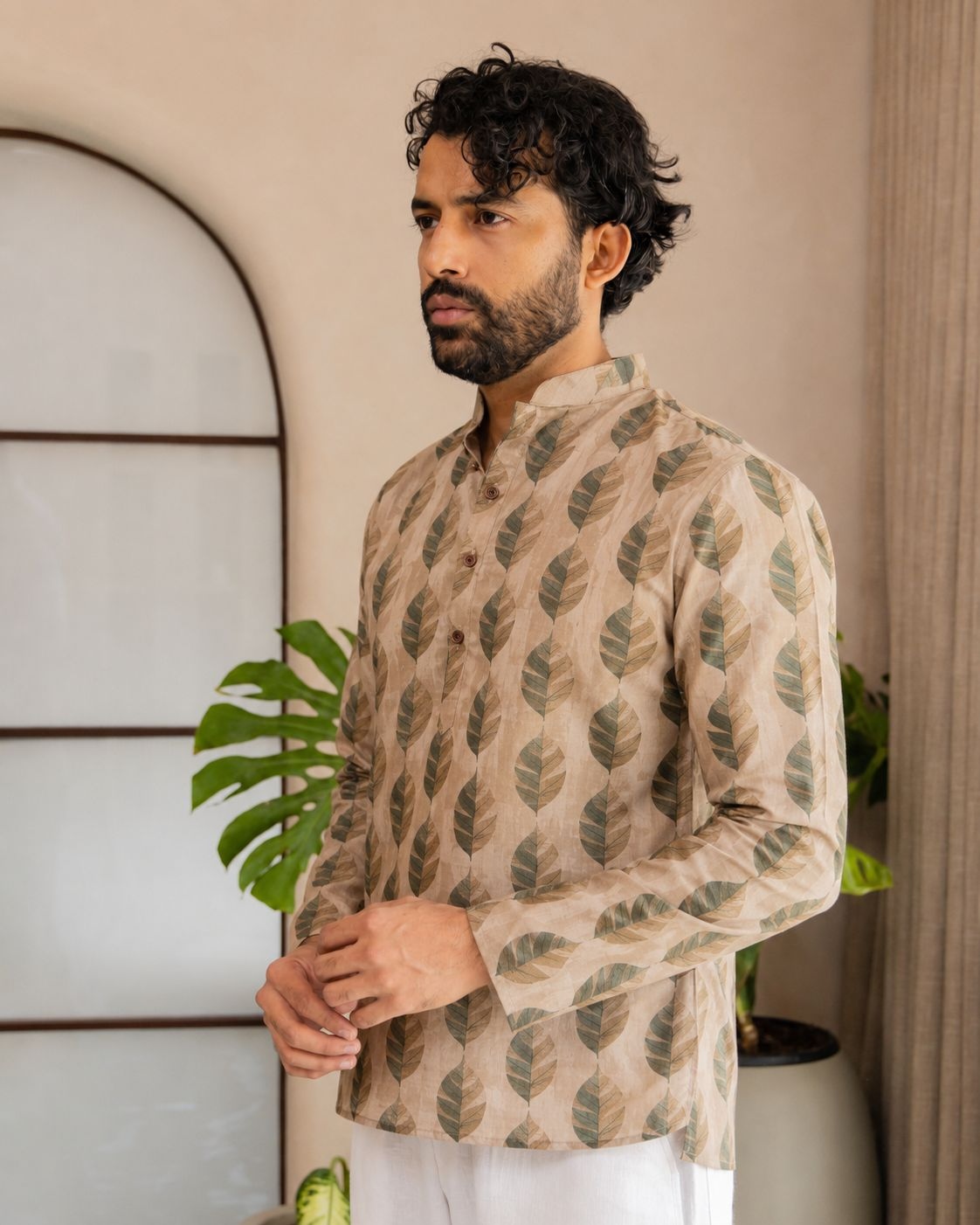 Multicolor Botanical Leaf Designer Printed Linen Short Kurta