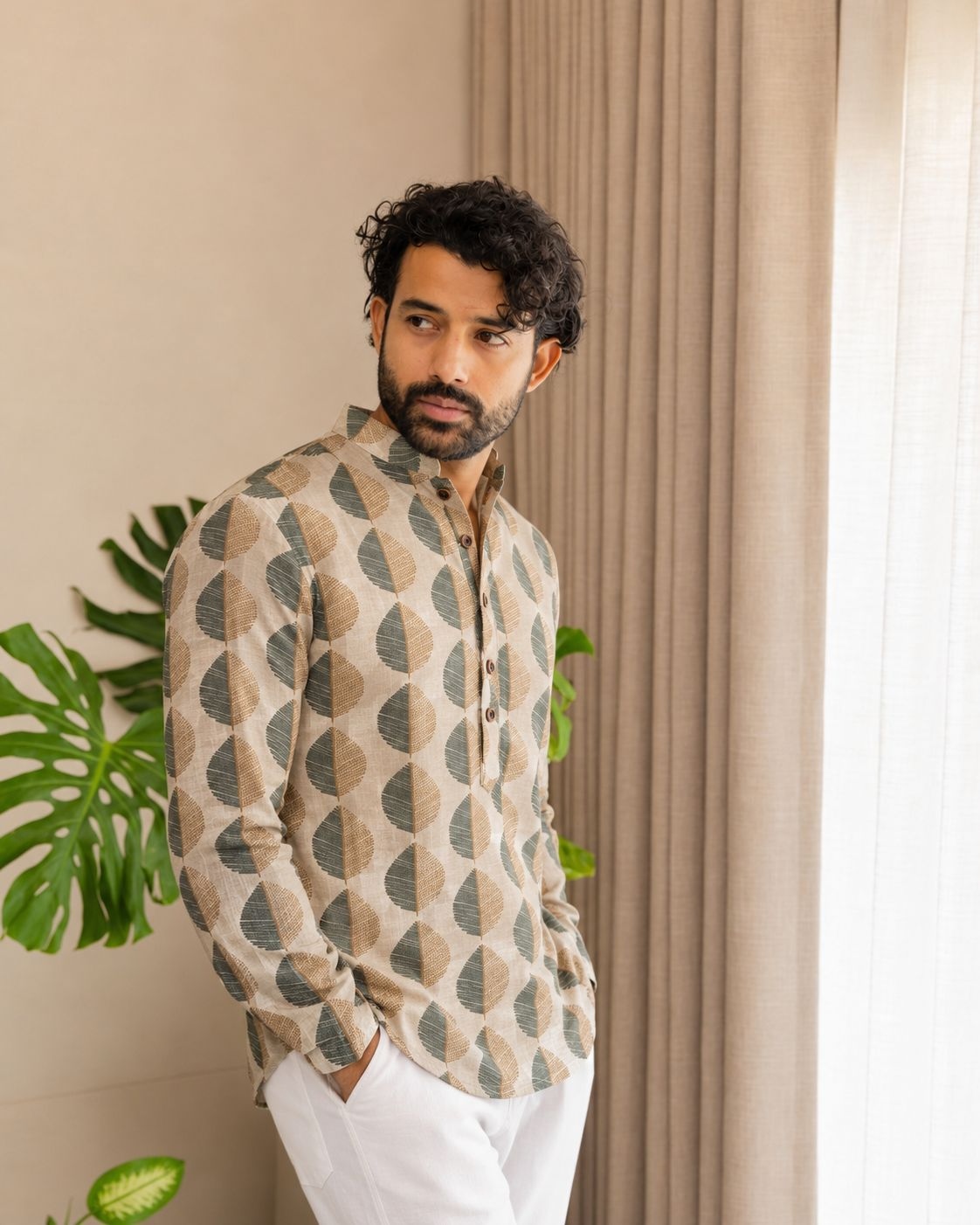 Multicolor Botanical Leaf Designer Printed Linen Short Kurta