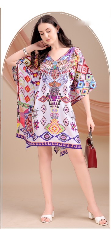 Multicolor Ethnic Mosaic Feather Silk Kaftan