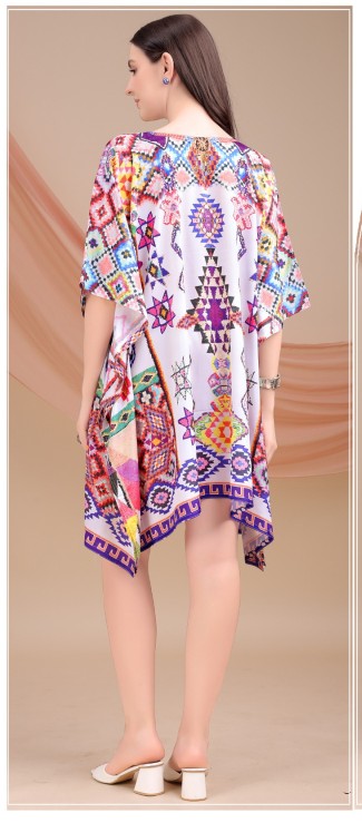 Multicolor Ethnic Mosaic Feather Silk Kaftan — alternate view