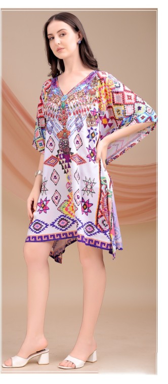 Multicolor Ethnic Mosaic Feather Silk Kaftan