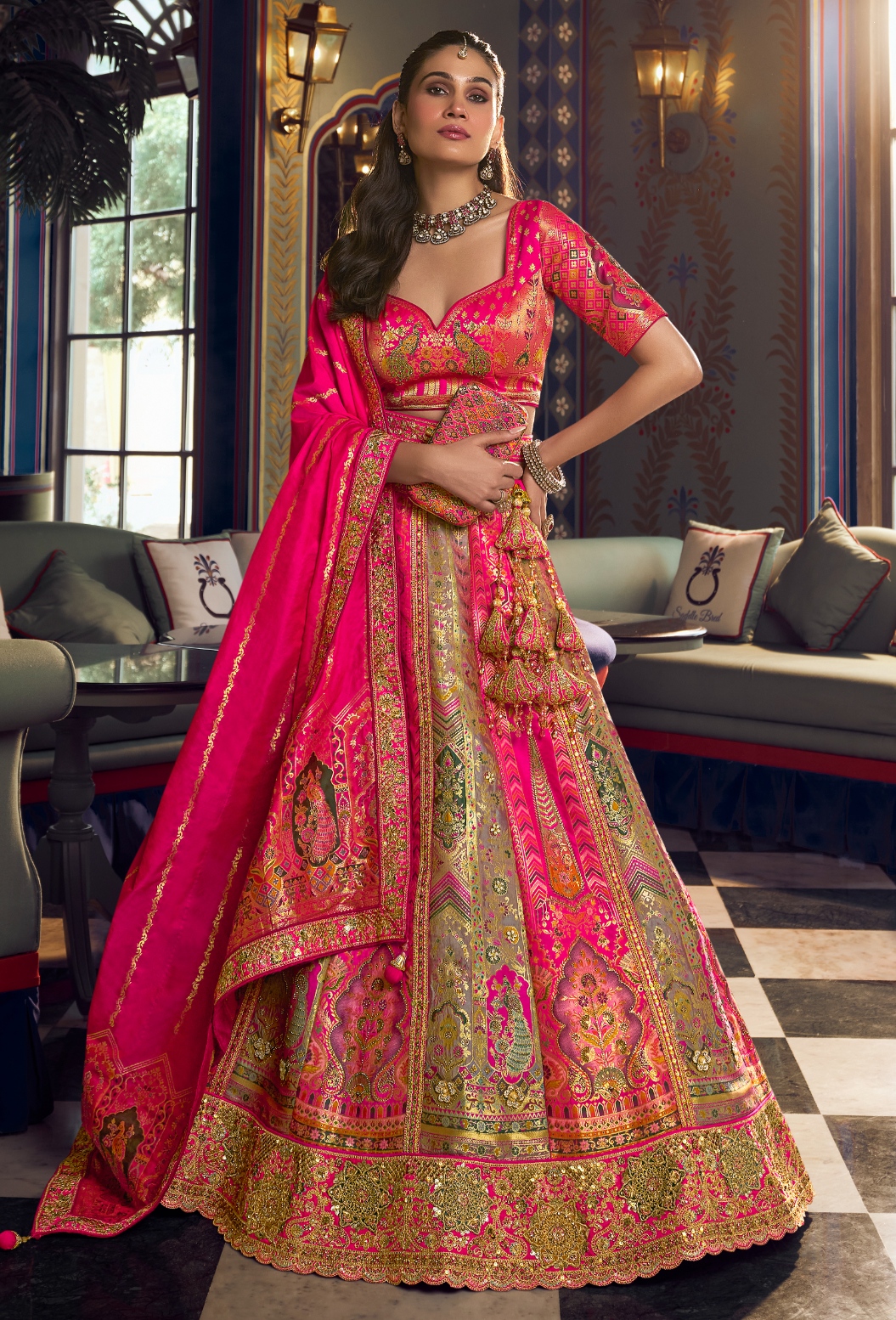 Multicolor Floral Embroidery Banarasi Premium Silk Lehenga Choli