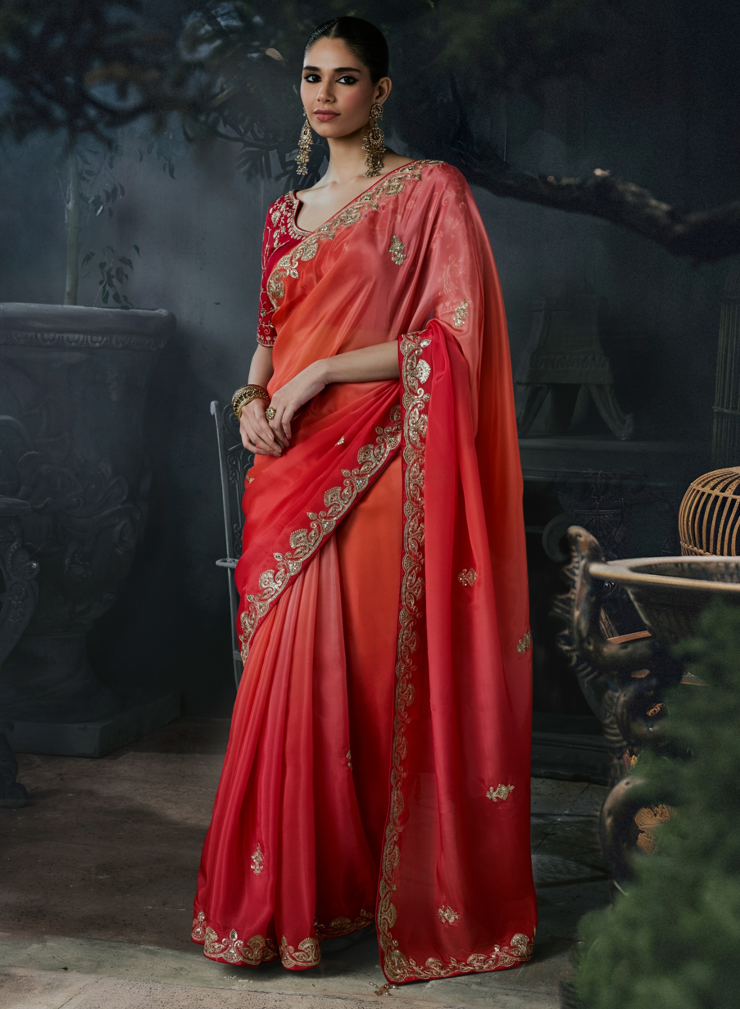 Multicolor Floral Heavy Thread Embroidery Tissue Silk Saree