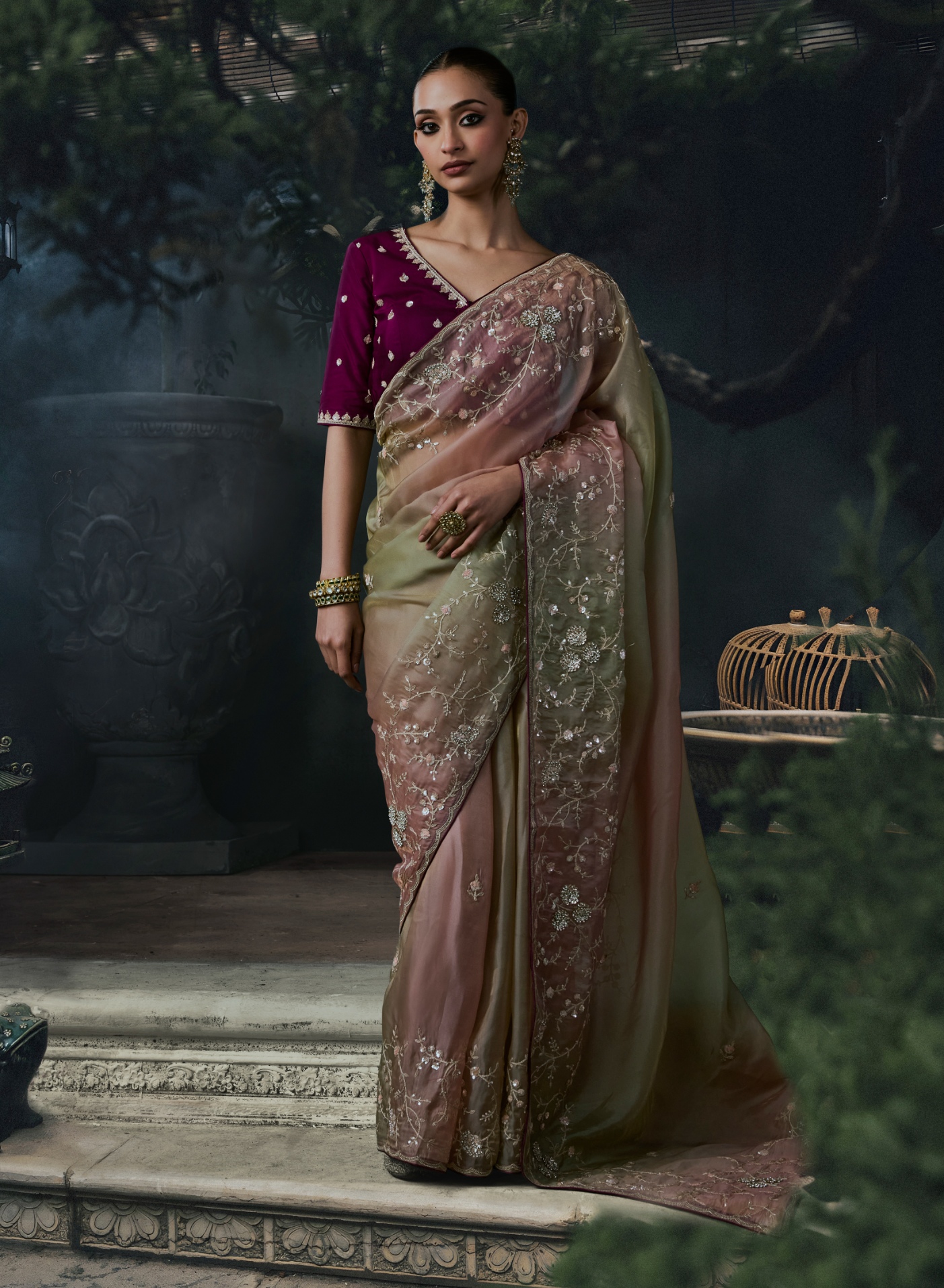 Multicolor Floral Sequence Stone Work Tissue Silk Saree