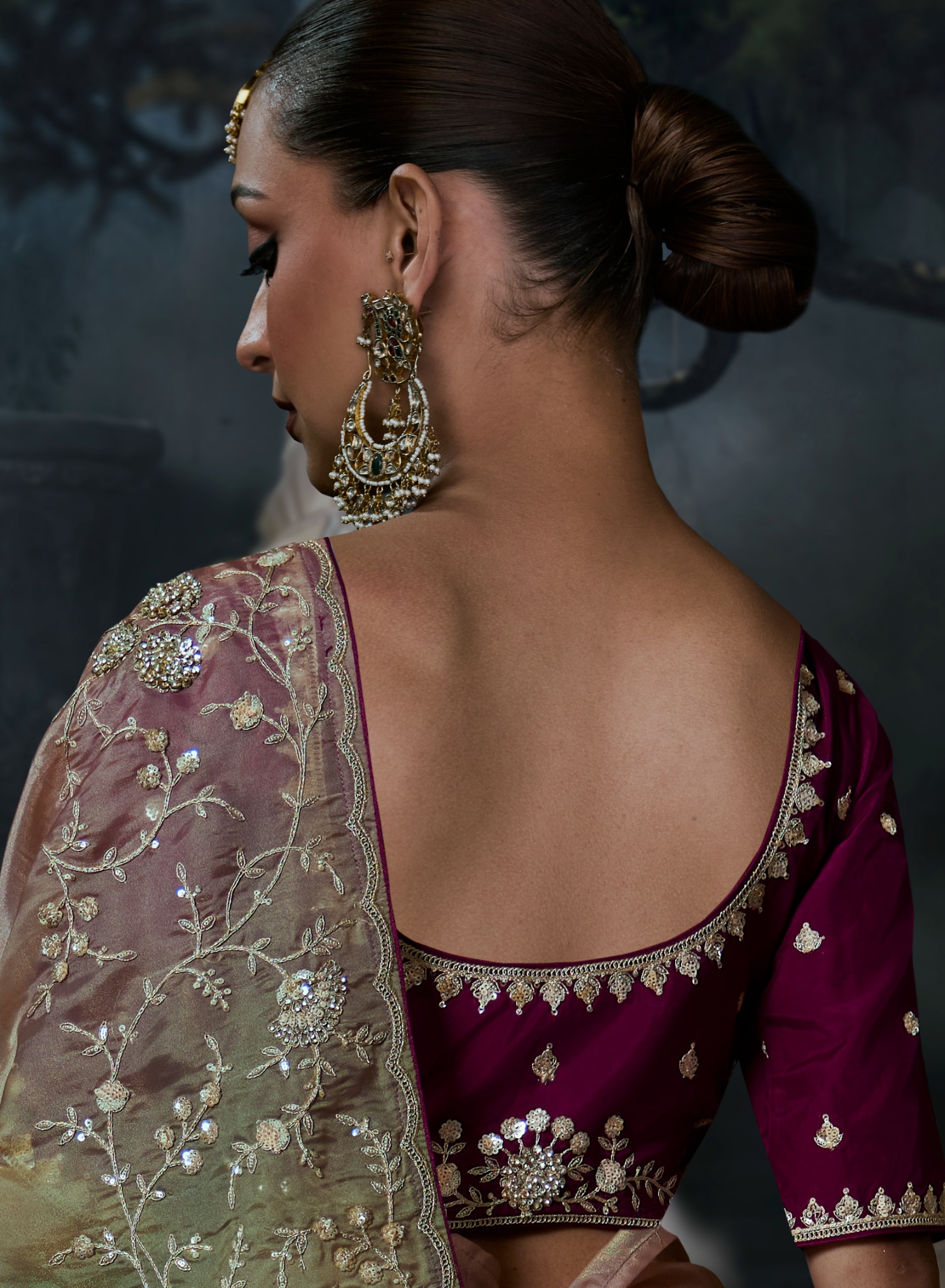 Multicolor Floral Sequence Stone Work Tissue Silk Saree — alternate view