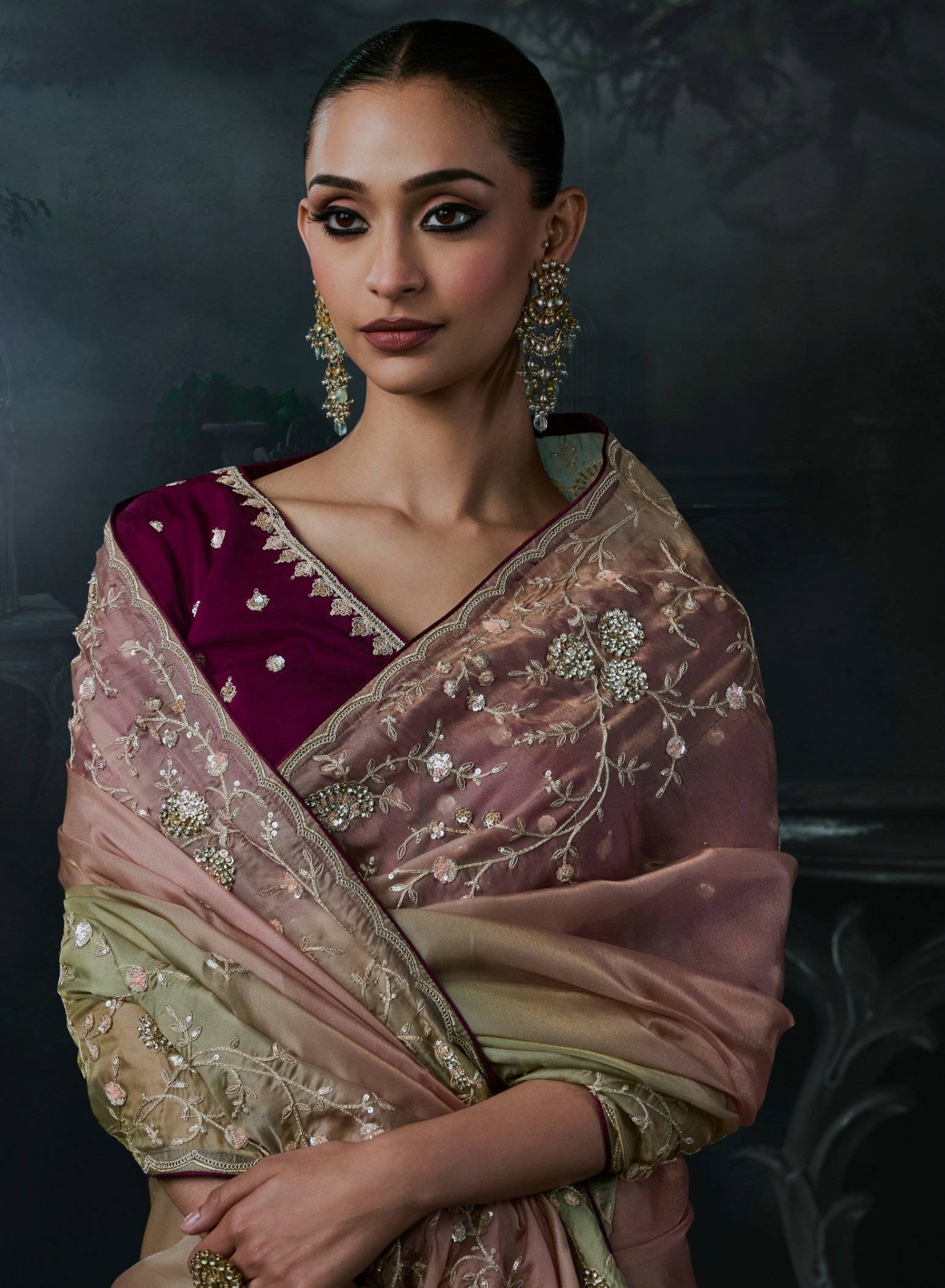Multicolor Floral Sequence Stone Work Tissue Silk Saree