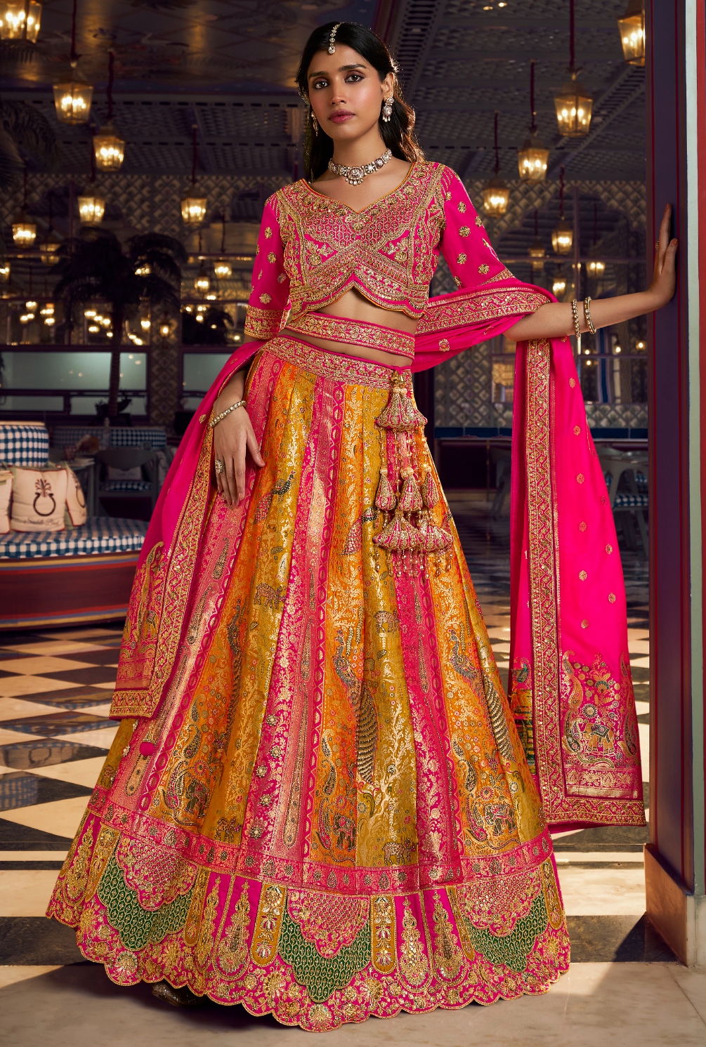 Multicolor Geometric Embroidery Banarasi Premium Silk Lehenga Choli