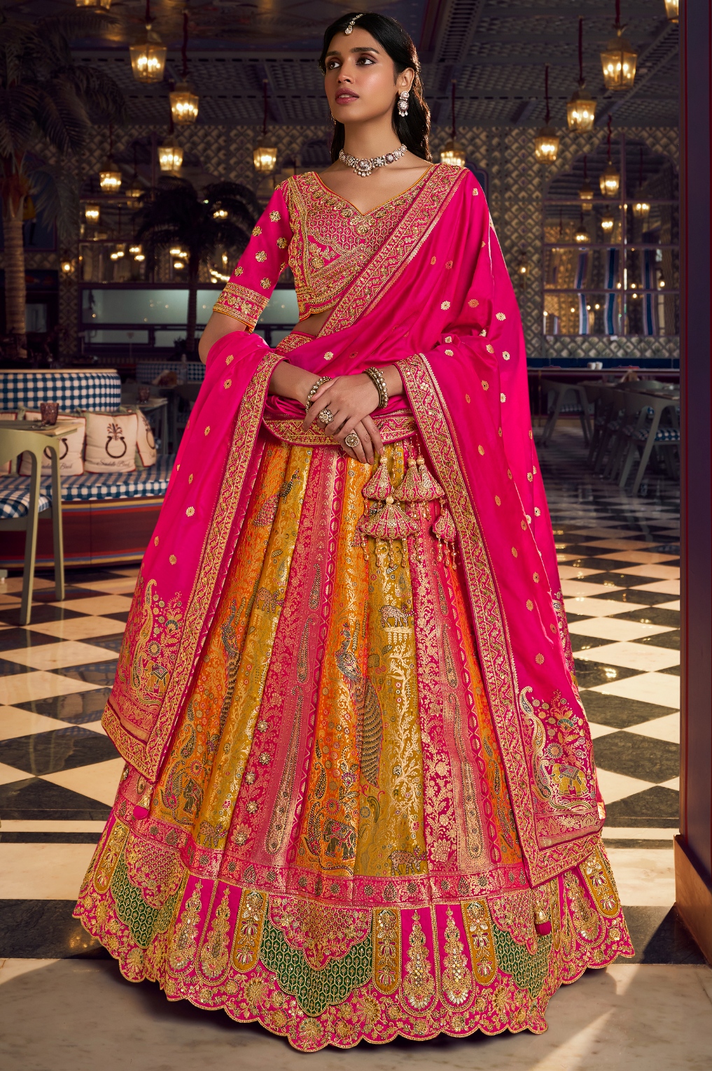 Multicolor Geometric Embroidery Banarasi Premium Silk Lehenga Choli