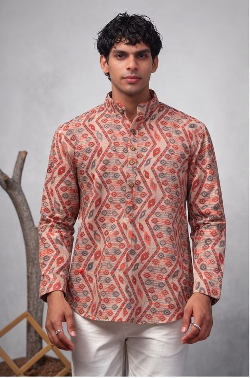 Multicolor Geometric Printed Linen Kurta