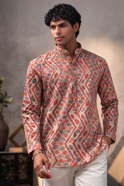 Multicolor Geometric Printed Linen Kurta